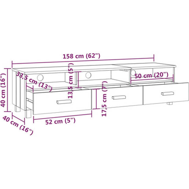 The Living Store HAMAR TV-meubel - lichtgrijs massief grenenhout - 158 x 40 x 40 cm - 3 lades 3 vakken