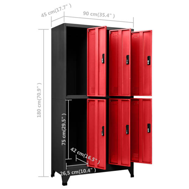 vidaXL Lockerkast 90x45x180 cm staal antracietkleurig en rood