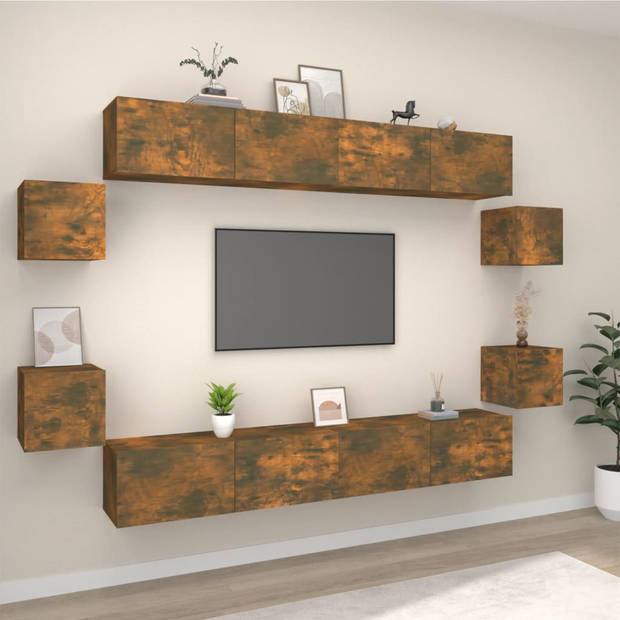 The Living Store TV-meubelset - Gerookt eiken - 8 stuks - 100x30x30cm - 30.5x30x30cm - Wandgemonteerd