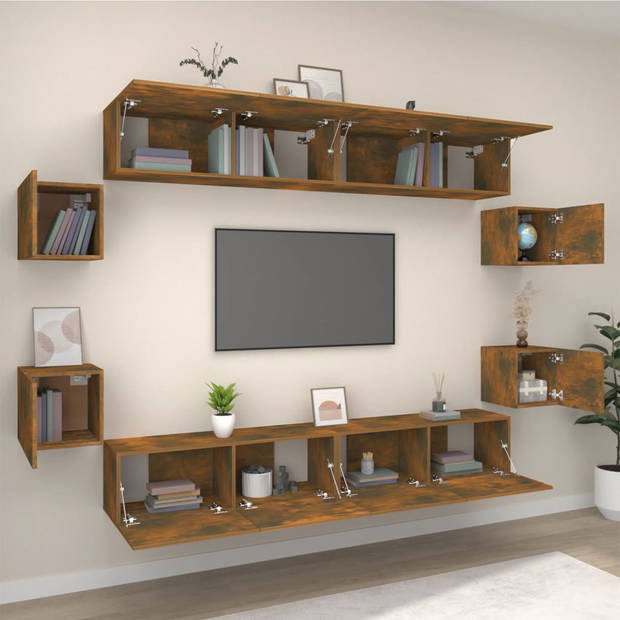 The Living Store TV-meubelset - Gerookt eiken - 8 stuks - 100x30x30cm - 30.5x30x30cm - Wandgemonteerd