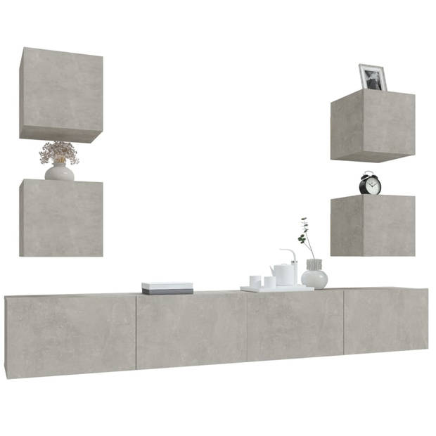 The Living Store Televisiemeubelset - Betongrijs - 100 x 30 x 30 cm - 2x 100 cm - 4x 30.5 cm - Bewerkt hout