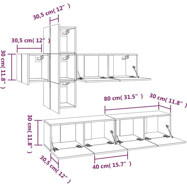 The Living Store Televisiemeubel Set - Sonoma Eiken - 4x30.5x30 cm + 3x80x30 cm (LxBxH)