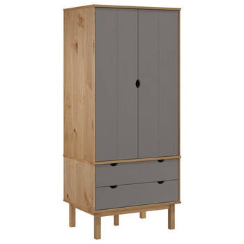 The Living Store OTTA Houten Kledingkast - 76.5 x 53 x 172 cm - Massief grenenhout - Bruin en grijs