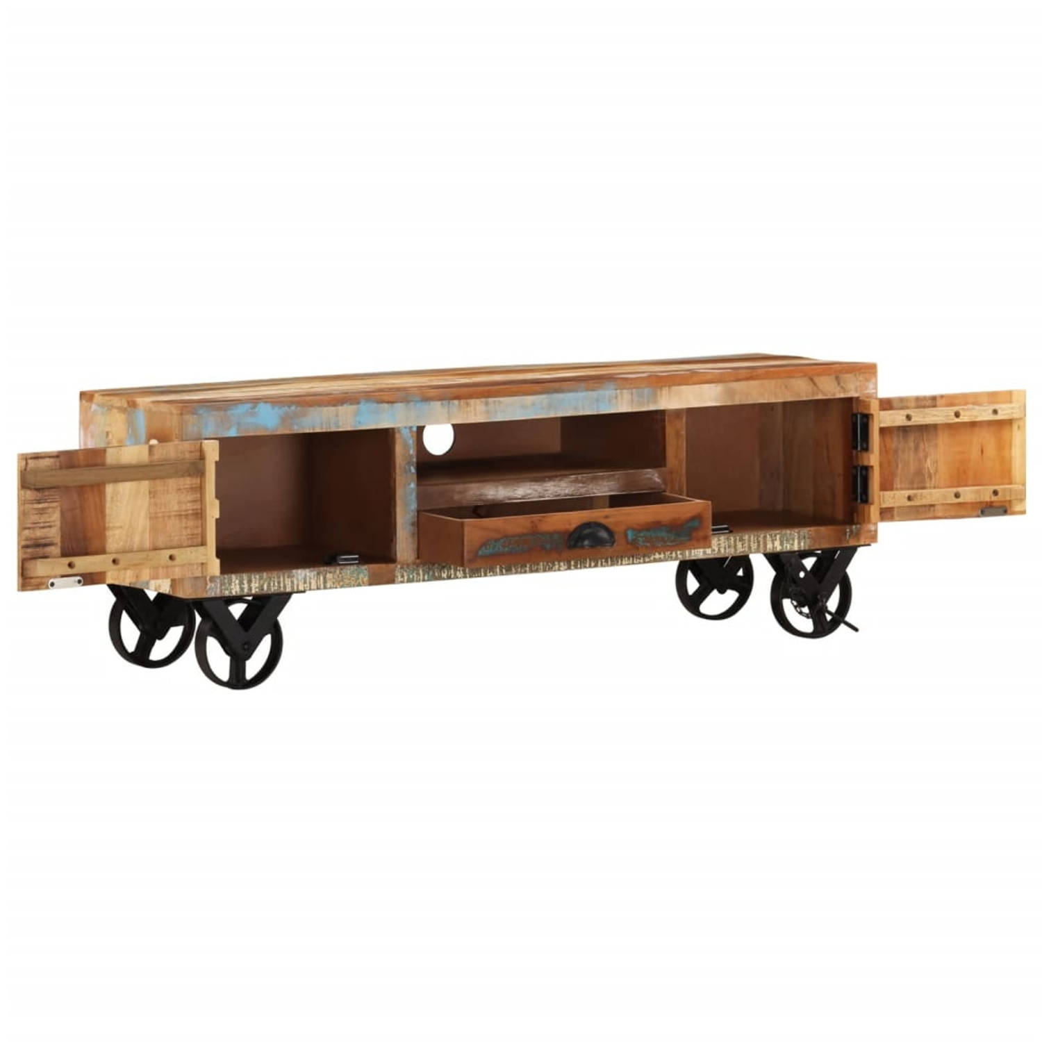 The Living Store TV-kast - gerecycled hout - retro look - 110 x 30 x 37 cm - met wielen