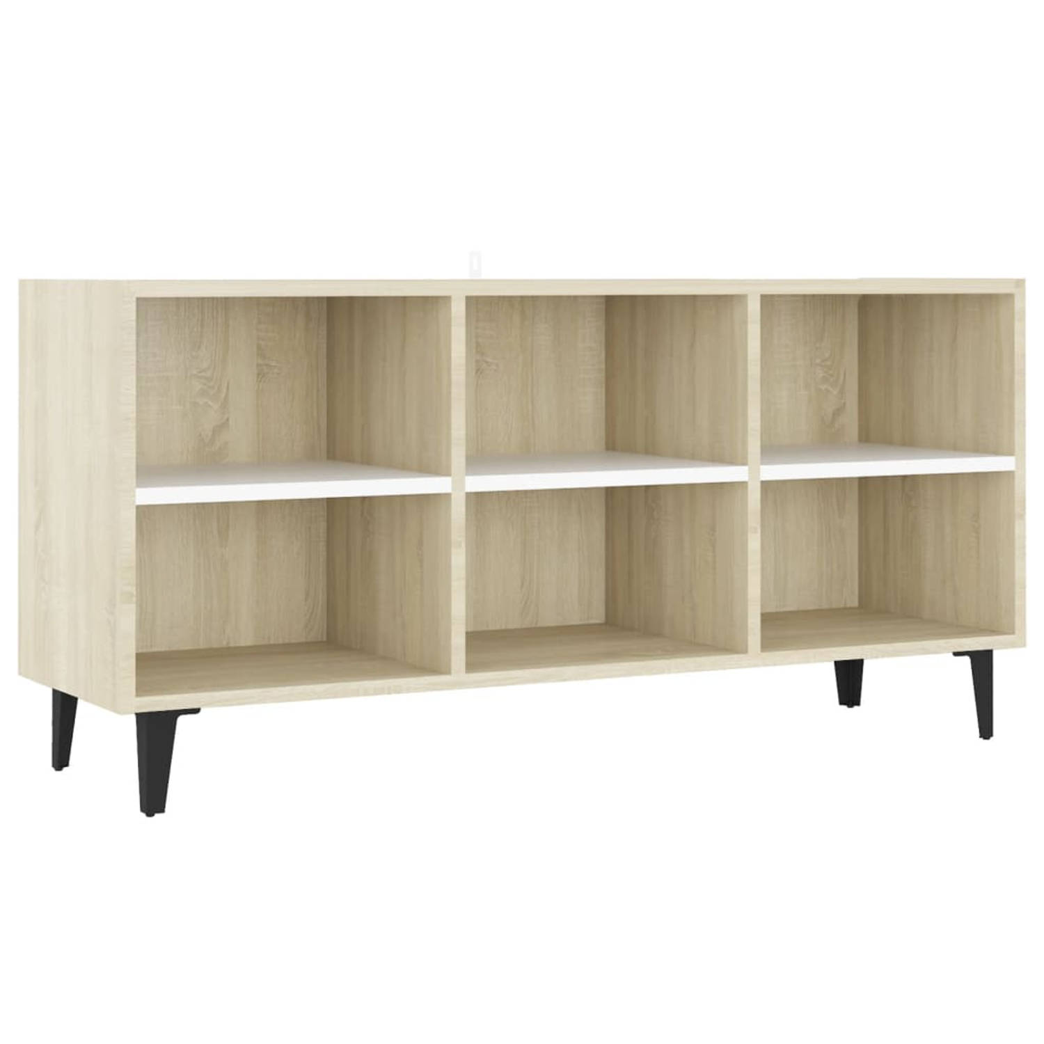 The Living Store TV-meubel - Industriële charme - 6 vakken - 103.5 x 30 x 50 cm - Wit en sonoma eiken - Montage vereist