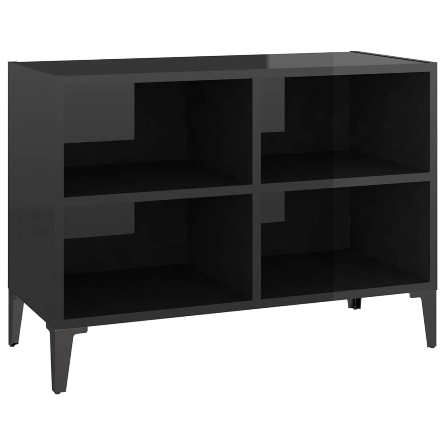 The Living Store Tv-meubel - Industriële charme - 4 metalen poten - 4 vakken - Hoogglans zwart - 69.5 x 30 x 50 cm