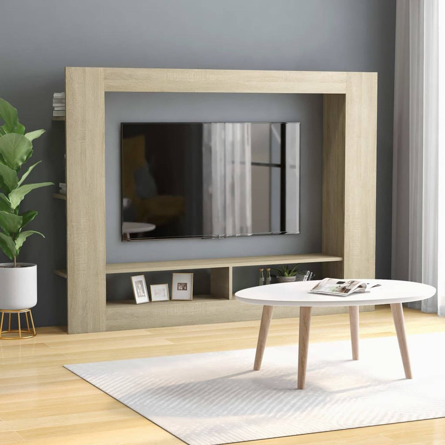 The Living Store TV-meubel - Sonoma eiken - 152x22x113 cm - 2 open vakken en zijschappen