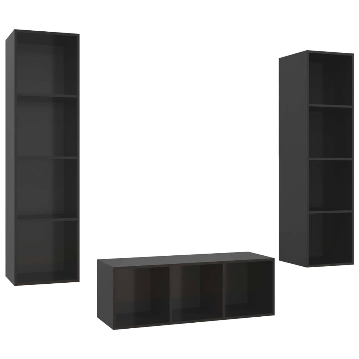 The Living Store TV-meubelset - Wandmontage - 37 x 37 x 107 cm / 142.5 cm - Hoogglans zwart - Spaanplaat