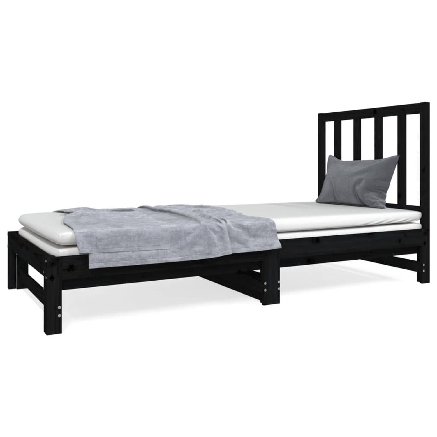 The Living Store Slaapbank uitschuifbaar massief grenenhout zwart 2x(90x190) cm - Slaapbank - Slaapbanken - Bedbank - Bed - Bedframe - Houten Bedframe - Bedbodem - Logeerbed - Slaa