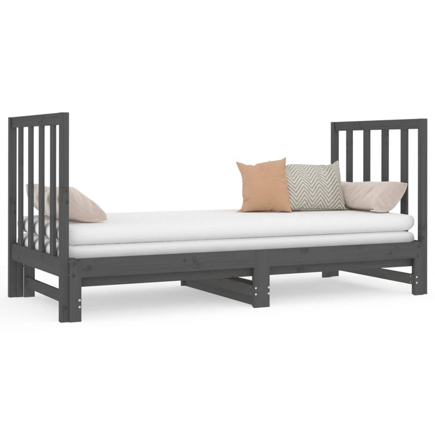 The Living Store Slaapbank uitschuifbaar massief grenenhout grijs 2x(90x190) cm - Slaapbank - Slaapbanken - Bedbank - Bed - Bedframe - Houten Bedframe - Bedbodem - Logeerbed - Slaa