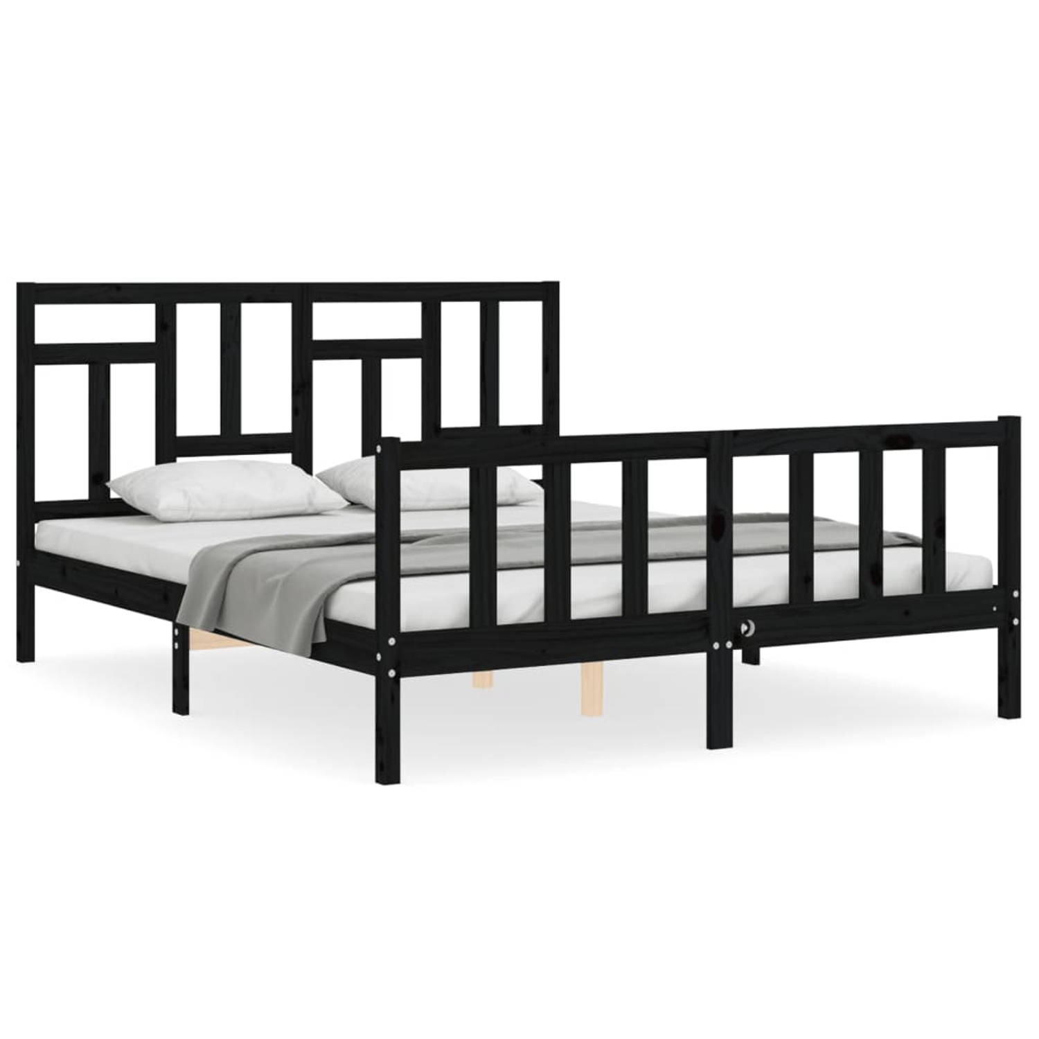 The Living Store Bedframe met hoofdbord massief hout zwart 160x200 cm - Bedframe - Bedframes - Bed - Tweepersoonsbed - Slaapkamermeubel - Houten Bedframe - Houten Bed - Bedbodem -