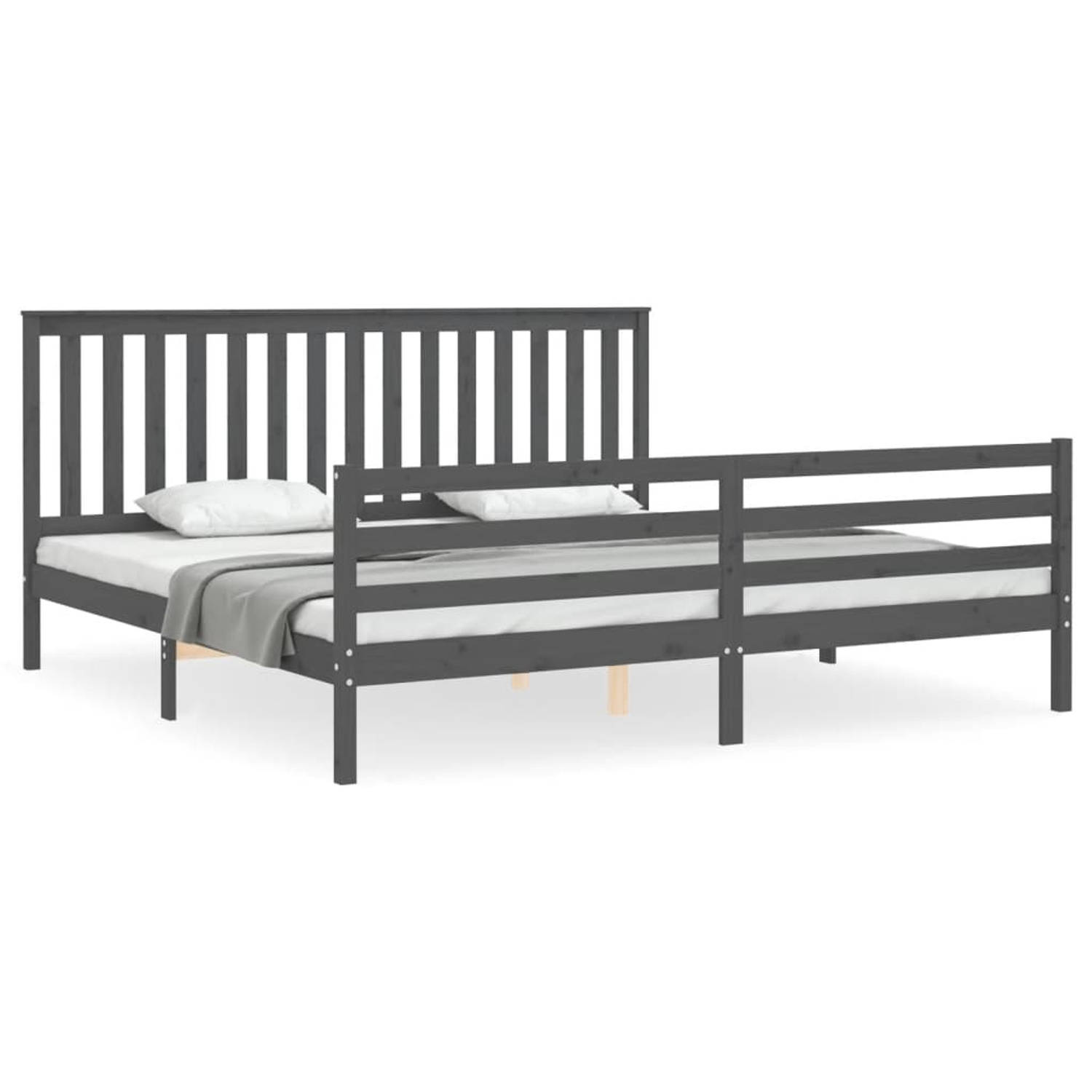 The Living Store Bedframe met hoofdbord massief hout grijs 200x200 cm - Bedframe - Bedframes - Bed - Tweepersoonsbed - Slaapkamermeubel - Houten Bedframe - Houten Bed - Bedbodem -