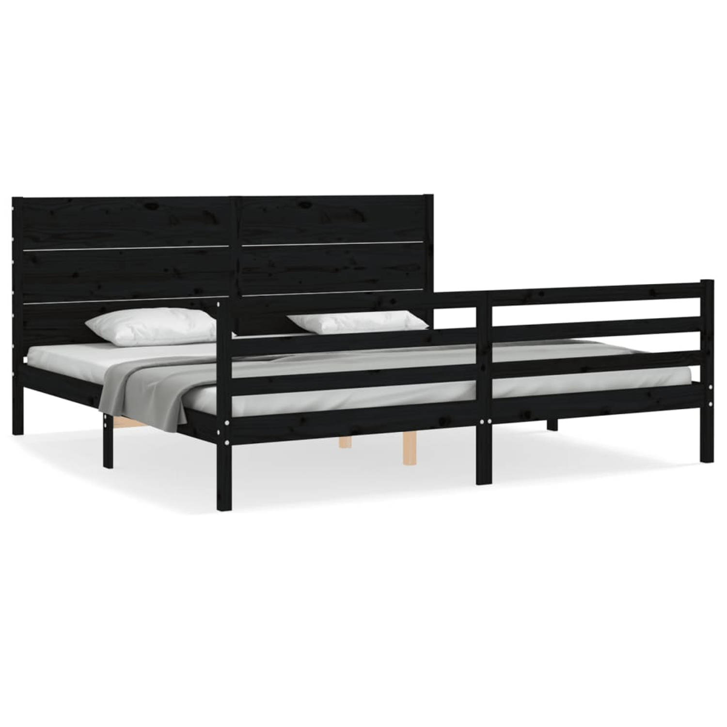 The Living Store Bedframe met hoofdbord massief hout zwart 200x200 cm - Bedframe - Bedframes - Bed - Tweepersoonsbed - Slaapkamermeubel - Houten Bedframe - Houten Bed - Bedbodem -