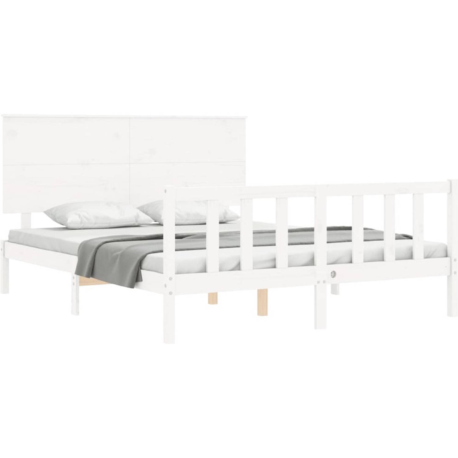 The Living Store Bedframe - Massief grenenhout - Wit - 205.5 x 155.5 x 82.5 cm - 150 x 200 cm