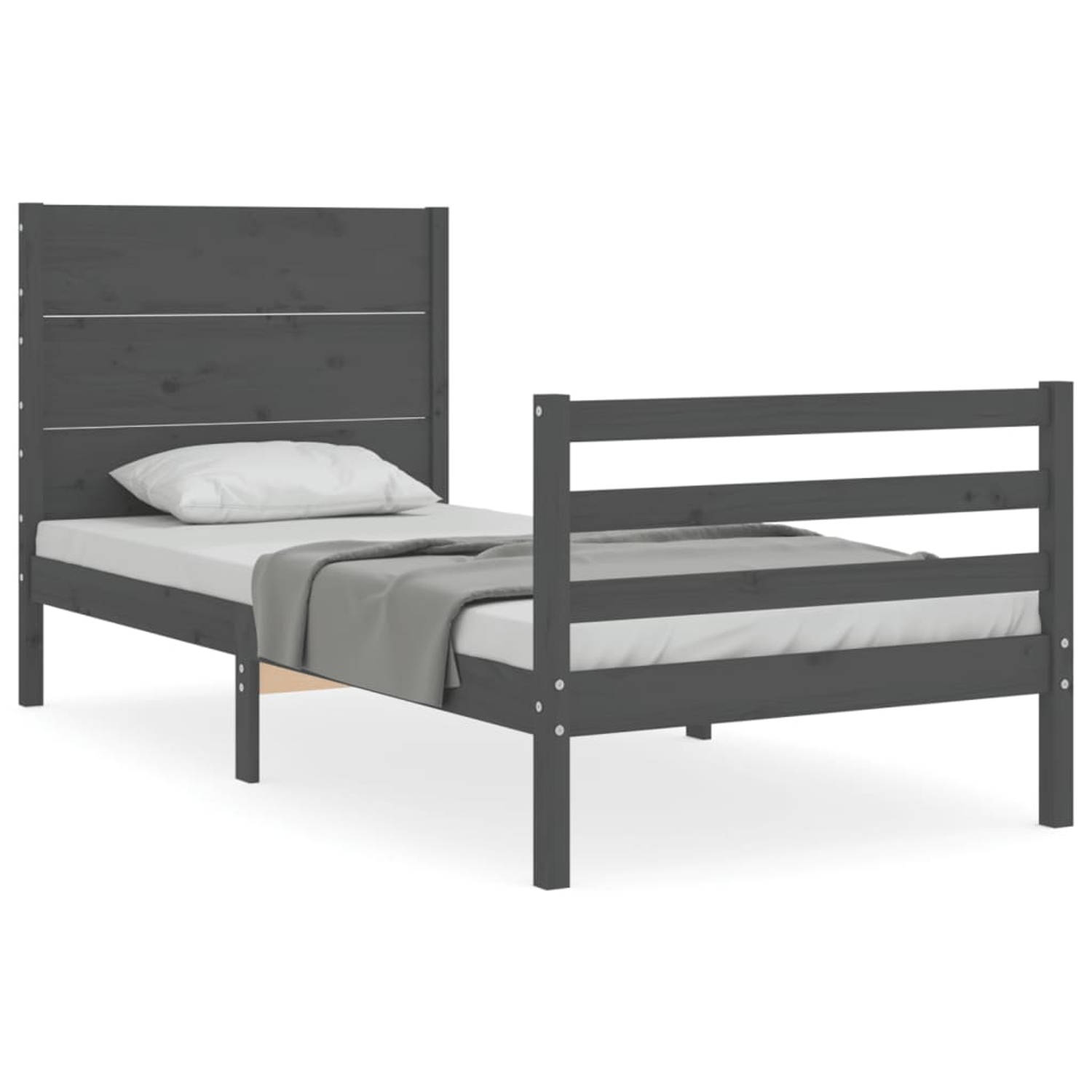 The Living Store Bedframe met hoofdbord massief hout grijs 100x200 cm - Bedframe - Bedframes - Bed - Eenpersoonsbed - Slaapkamermeubel - Houten Bedframe - Houten Bed - Bedbodem - M