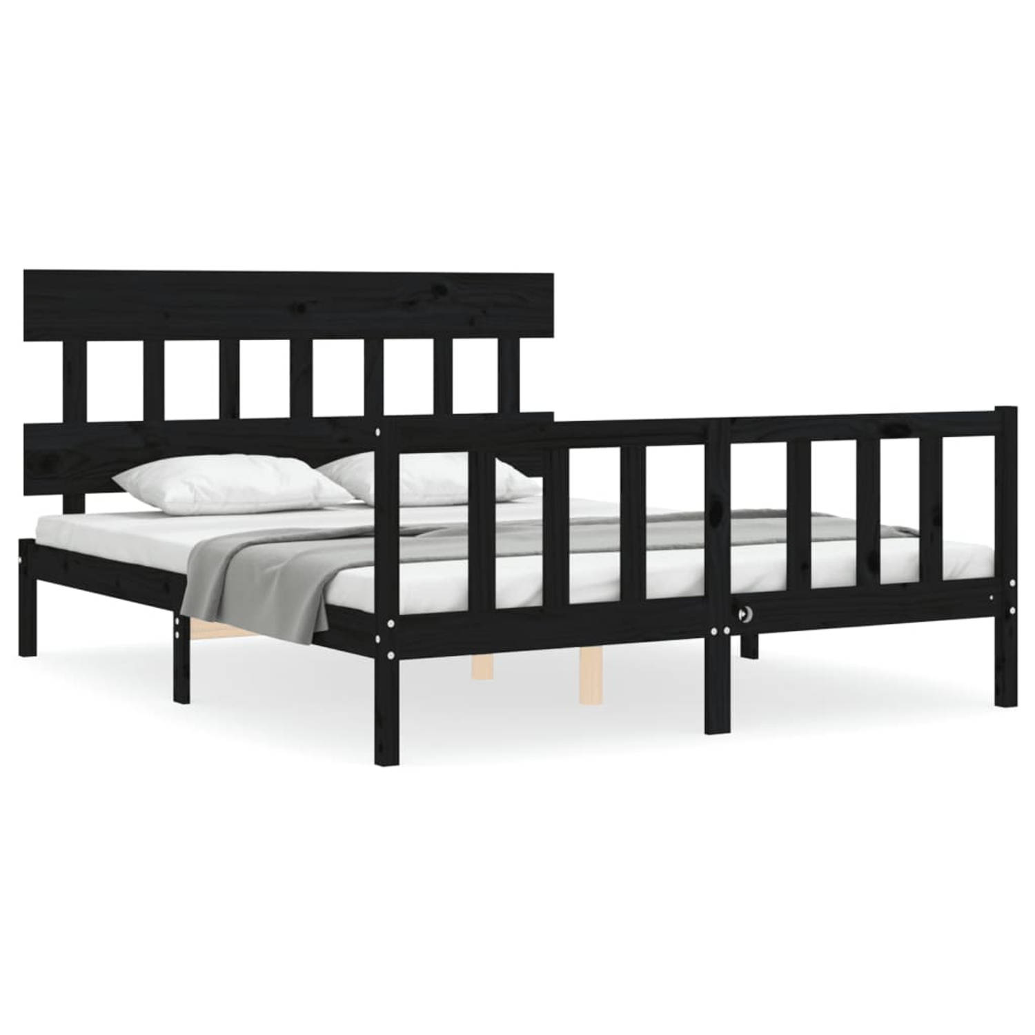 The Living Store Bedframe met hoofdbord massief hout zwart 5FT King Size - Bedframe - Bedframes - Bed - Tweepersoonsbed - Slaapkamermeubel - Houten Bedframe - Houten Bed - Bedbodem