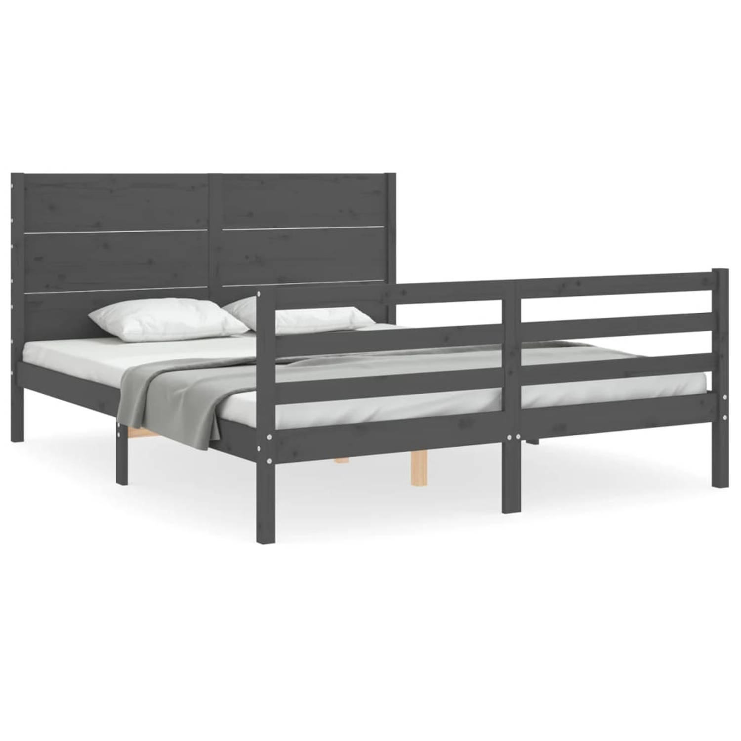 The Living Store Bedframe met hoofdbord massief hout grijs 5 FT King Size - Bedframe - Bedframes - Bed - Tweepersoonsbed - Slaapkamermeubel - Houten Bedframe - Houten Bed - Bedbode