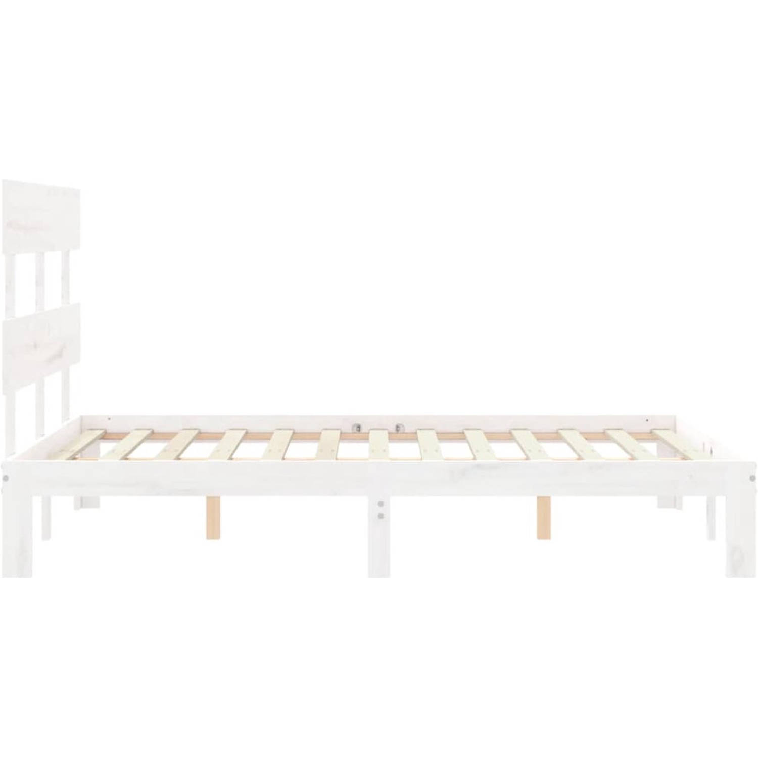 The Living Store Massief Grenenhouten Bedframe - Wit - 193.5 x 138.5 x 81 cm - Multiplex Lattenbodem