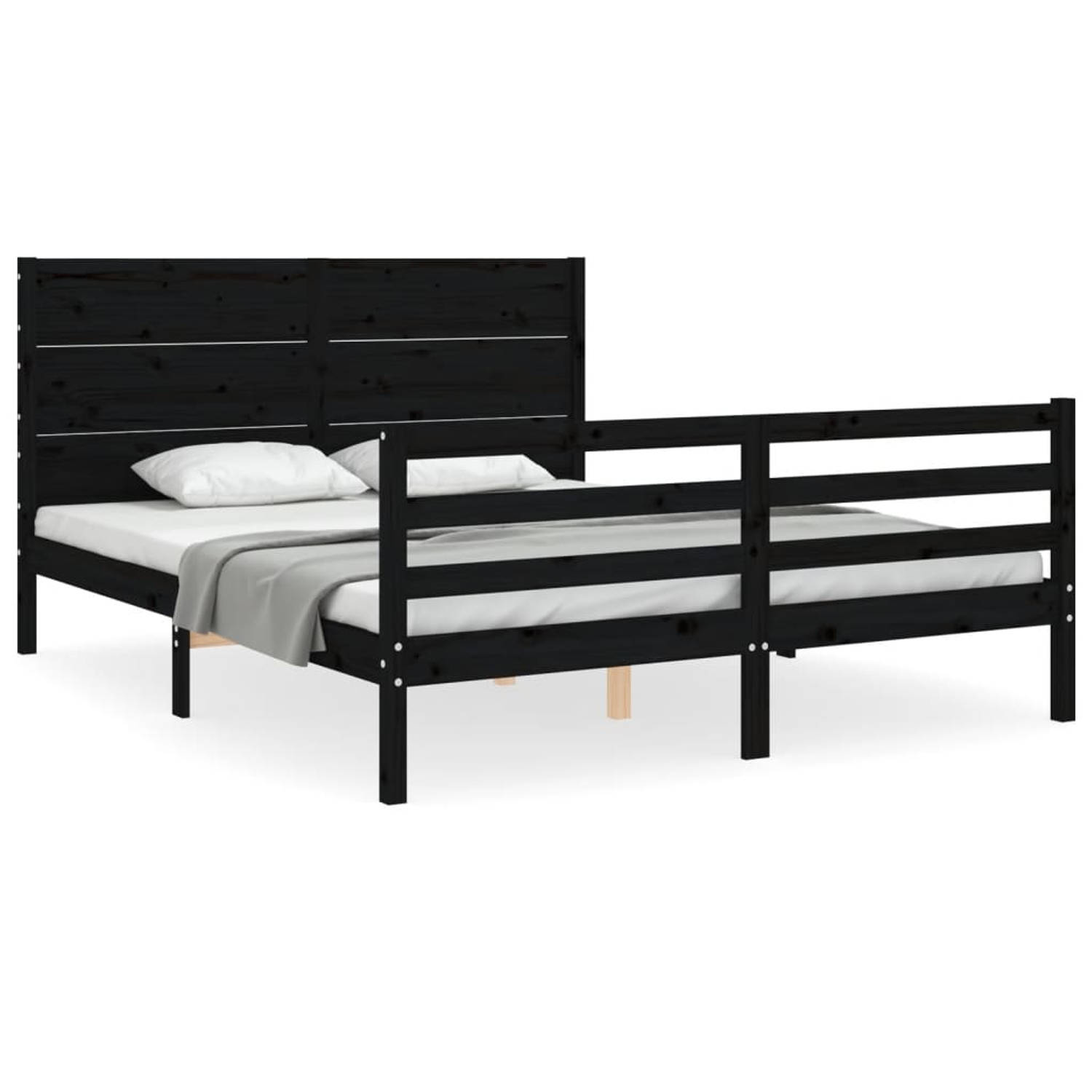 The Living Store Bedframe met hoofdbord massief hout zwart 5FT King Size - Bedframe - Bedframes - Bed - Tweepersoonsbed - Slaapkamermeubel - Houten Bedframe - Houten Bed - Bedbodem