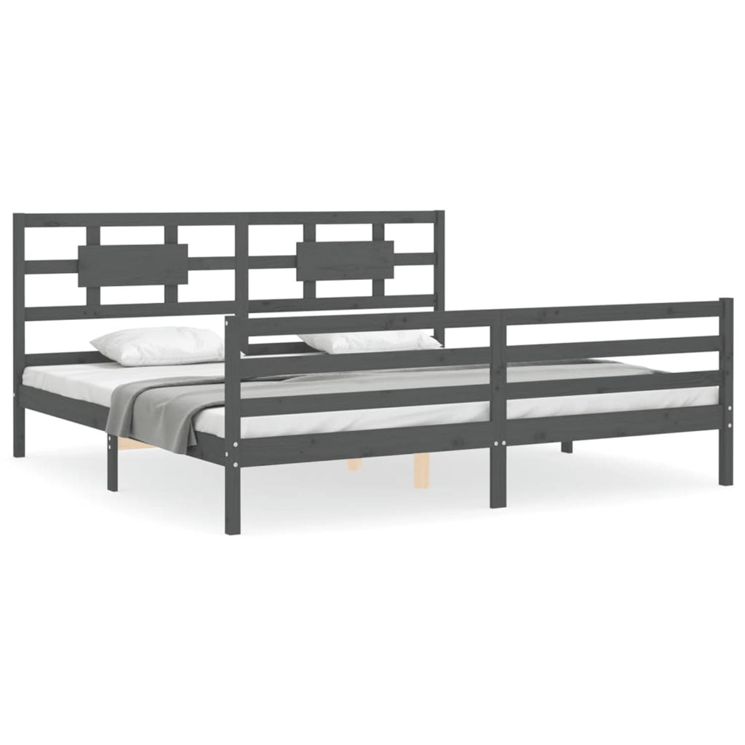 The Living Store Bedframe met hoofdbord massief hout grijs 6FT Super King - Bedframe - Bedframes - Bed - Tweepersoonsbed - Slaapkamermeubel - Houten Bedframe - Houten Bed - Bedbode