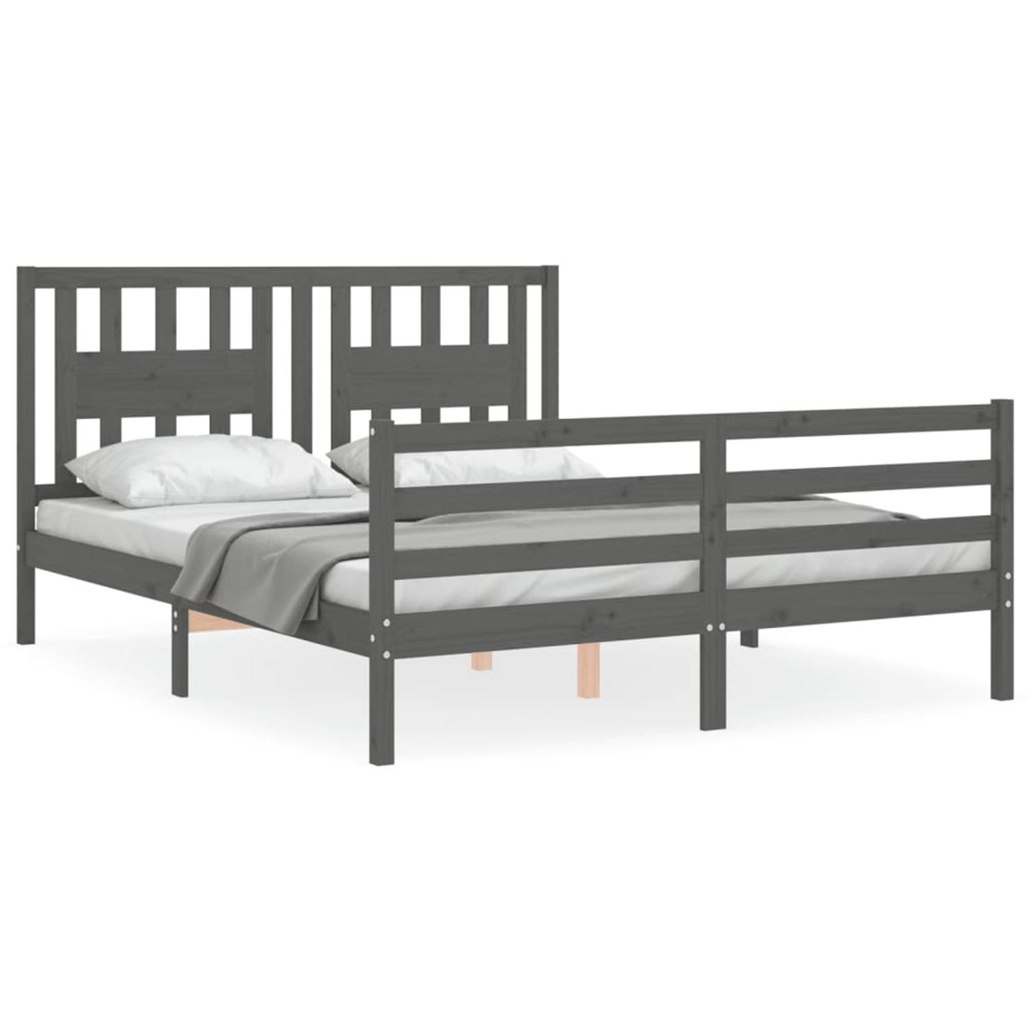 The Living Store Bedframe met hoofdbord massief hout grijs 5 FT King Size - Bedframe - Bedframes - Bed - Tweepersoonsbed - Slaapkamermeubel - Houten Bedframe - Houten Bed - Bedbode