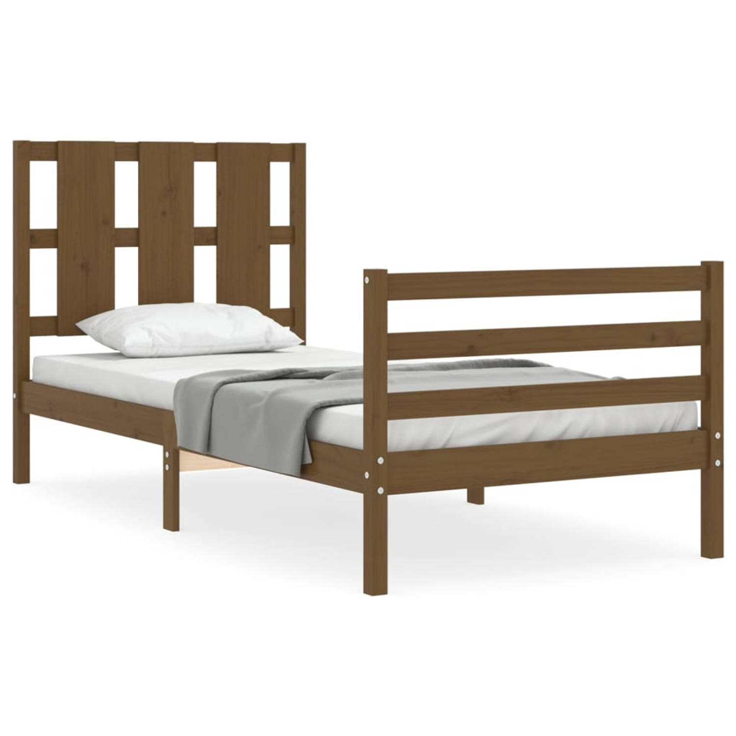 The Living Store Bedframe met hoofdbord massief hout honingbruin 100x200 cm - Bedframe - Bedframes - Bed - Eenpersoonsbed - Slaapkamermeubel - Houten Bedframe - Houten Bed - Bedbod