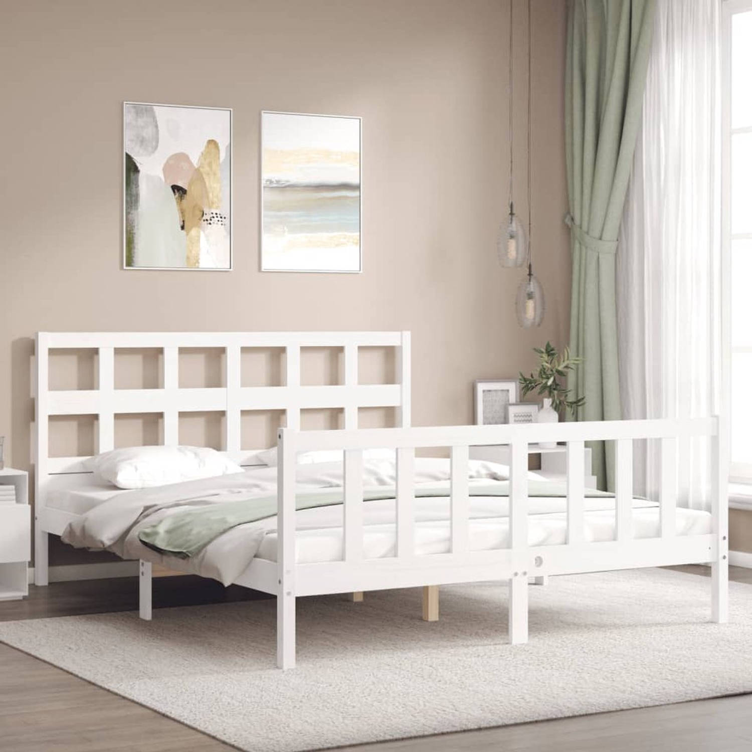 The Living Store Bed Grenenhout - Wit - 205.5 x 155.5 x 100 cm - Multiplex Lattenbodem