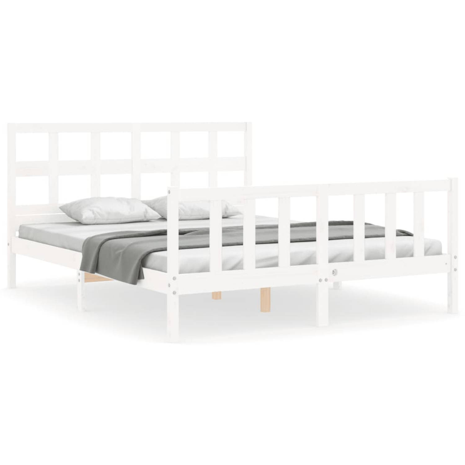 The Living Store Bedframe met hoofdbord massief hout wit 160x200 cm - Bedframe - Bedframes - Bed - Tweepersoonsbed - Slaapkamermeubel - Houten Bedframe - Houten Bed - Bedbodem - Ma