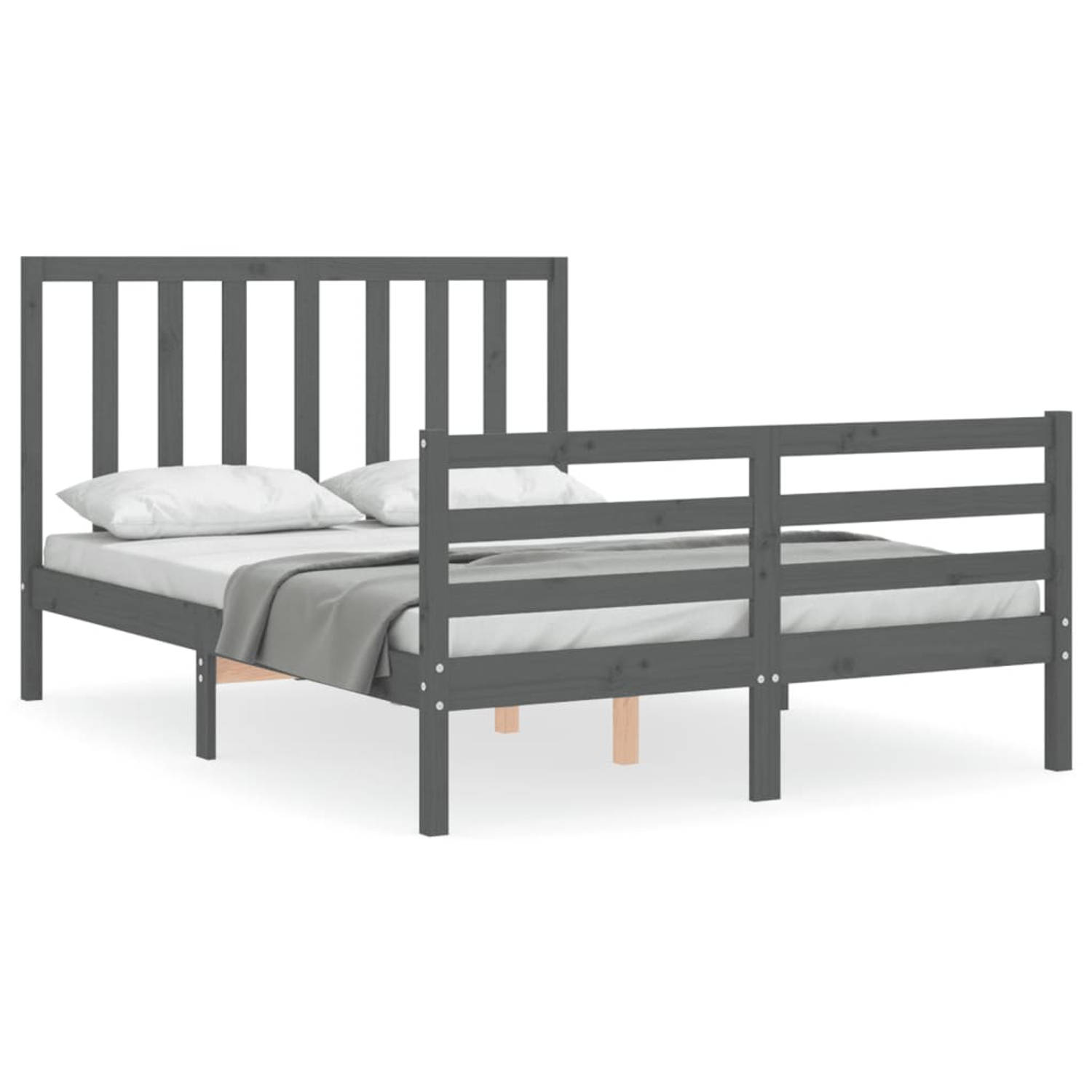 The Living Store Bedframe met hoofdbord massief hout grijs 4FT Small Double - Bedframe - Bedframes - Bed - Tweepersoonsbed - Slaapkamermeubel - Houten Bedframe - Houten Bed - Bedbo