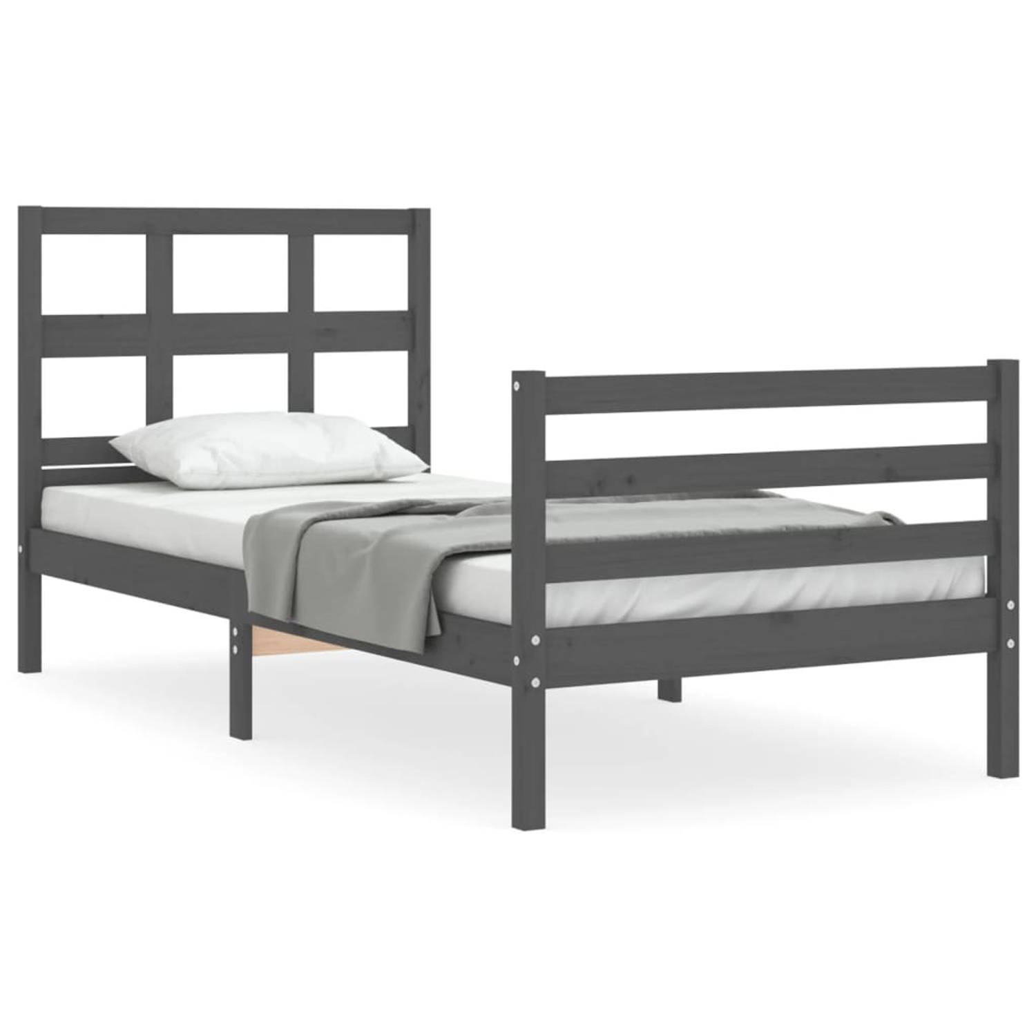 The Living Store Bedframe met hoofdbord massief hout grijs 100x200 cm - Bedframe - Bedframes - Bed - Eenpersoonsbed - Slaapkamermeubel - Houten Bedframe - Houten Bed - Bedbodem - M