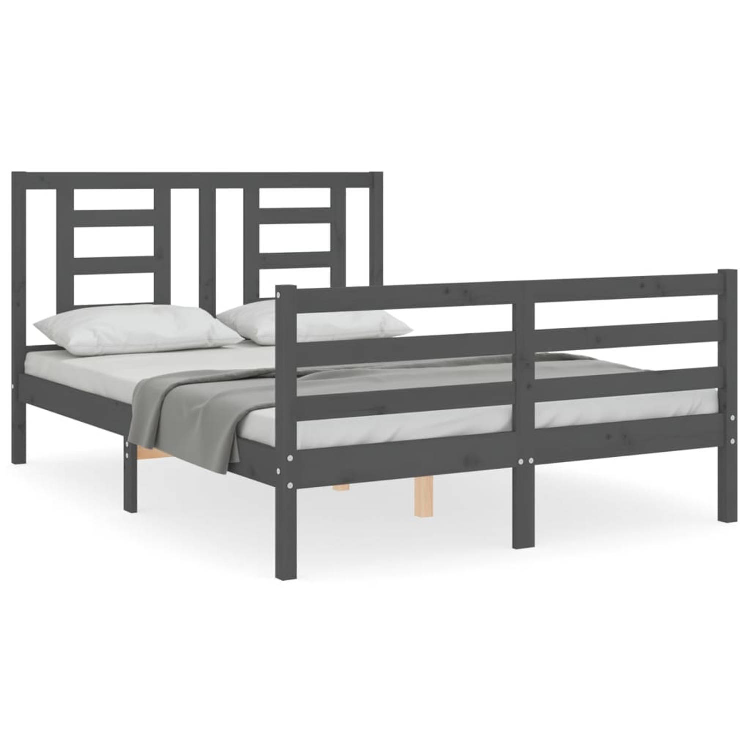 The Living Store Bedframe met hoofdbord massief hout grijs 140x200 cm - Bedframe - Bedframes - Bed - Tweepersoonsbed - Slaapkamermeubel - Houten Bedframe - Houten Bed - Bedbodem -