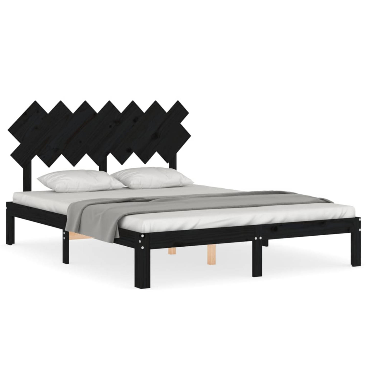 The Living Store Bedframe met hoofdbord massief hout zwart 5FT King Size - Bed