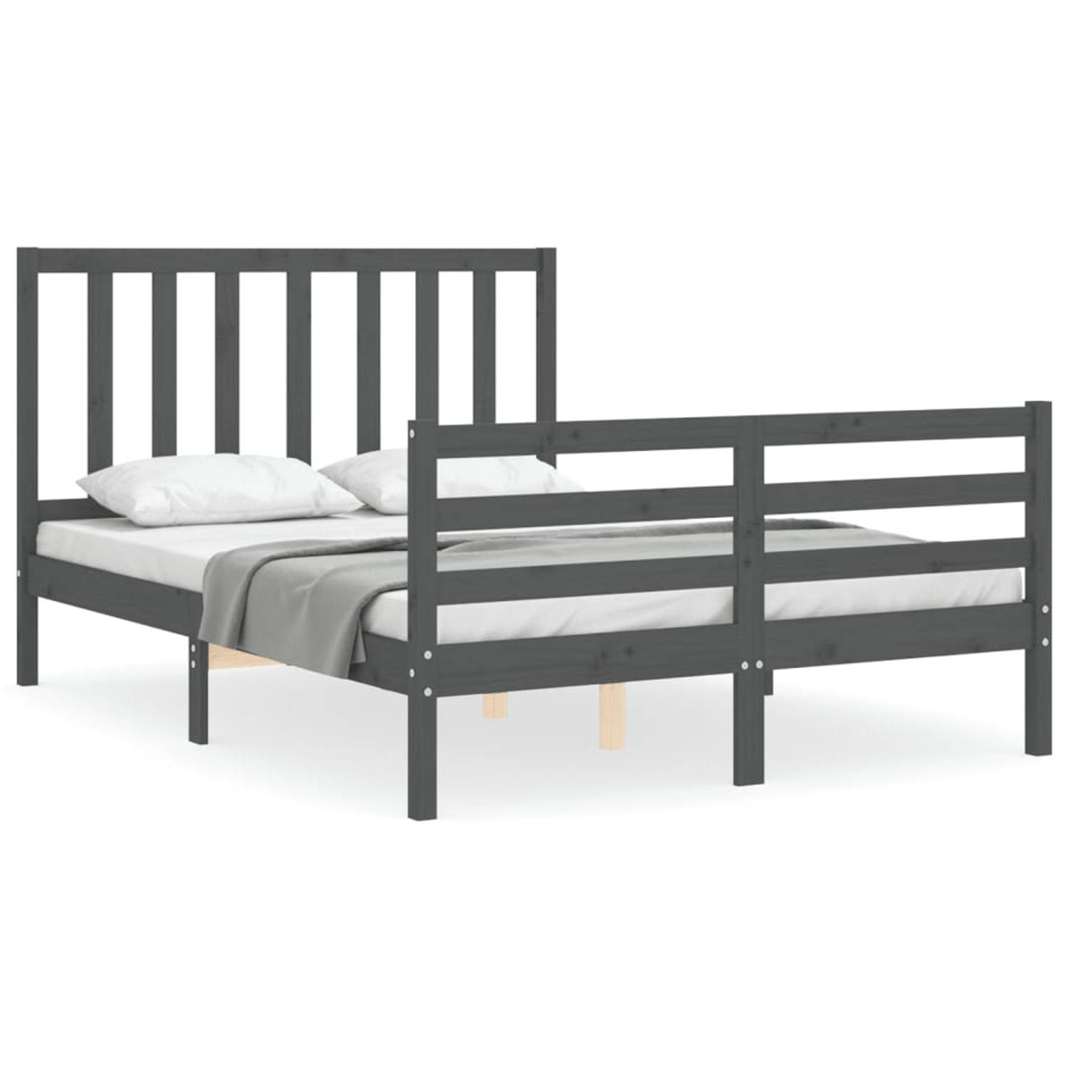 The Living Store Bedframe met hoofdbord massief hout grijs 4FT6 Double - Bedframe - Bedframes - Bed - Tweepersoonsbed - Slaapkamermeubel - Houten Bedframe - Houten Bed - Bedbodem -