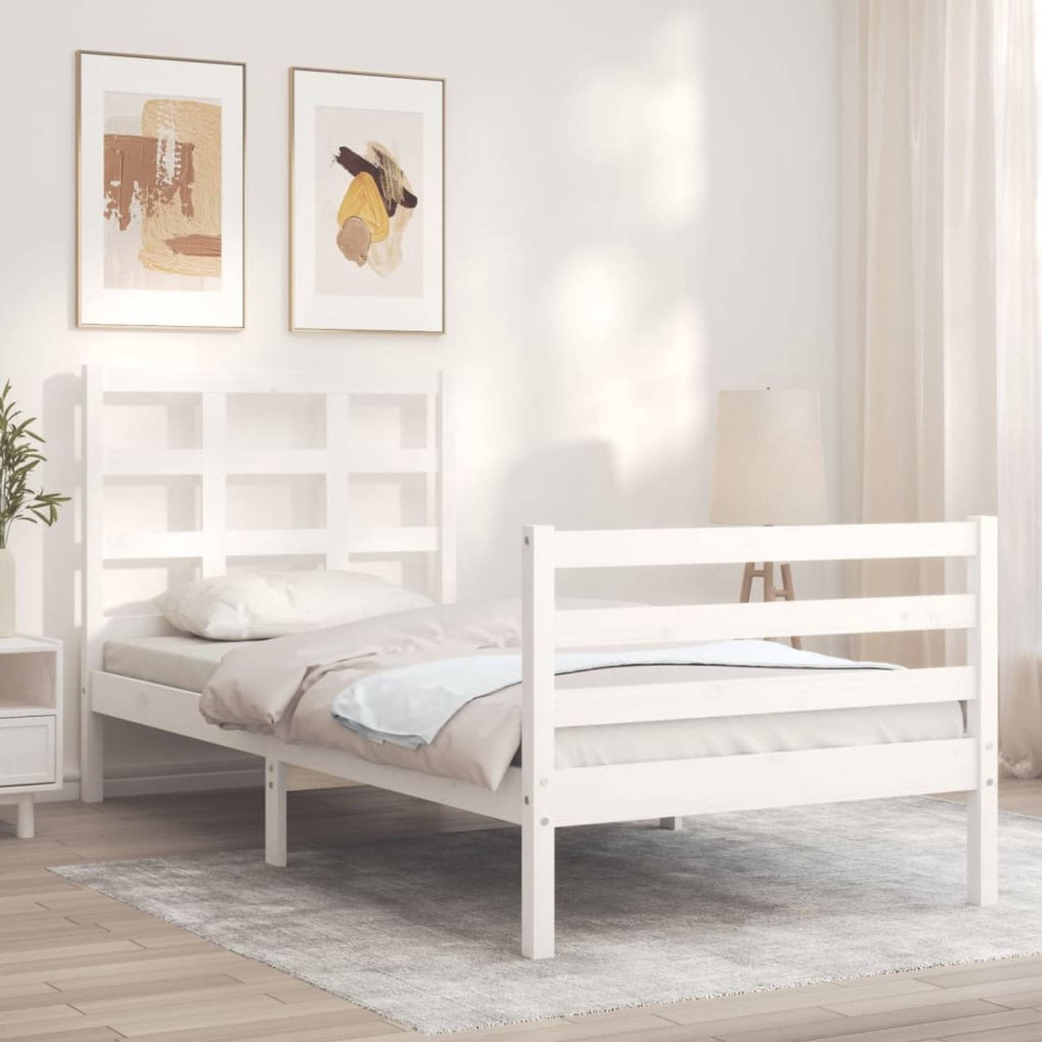 The Living Store Bedframe Massief Grenenhout - 195.5 x 95.5 x 100 cm - Wit