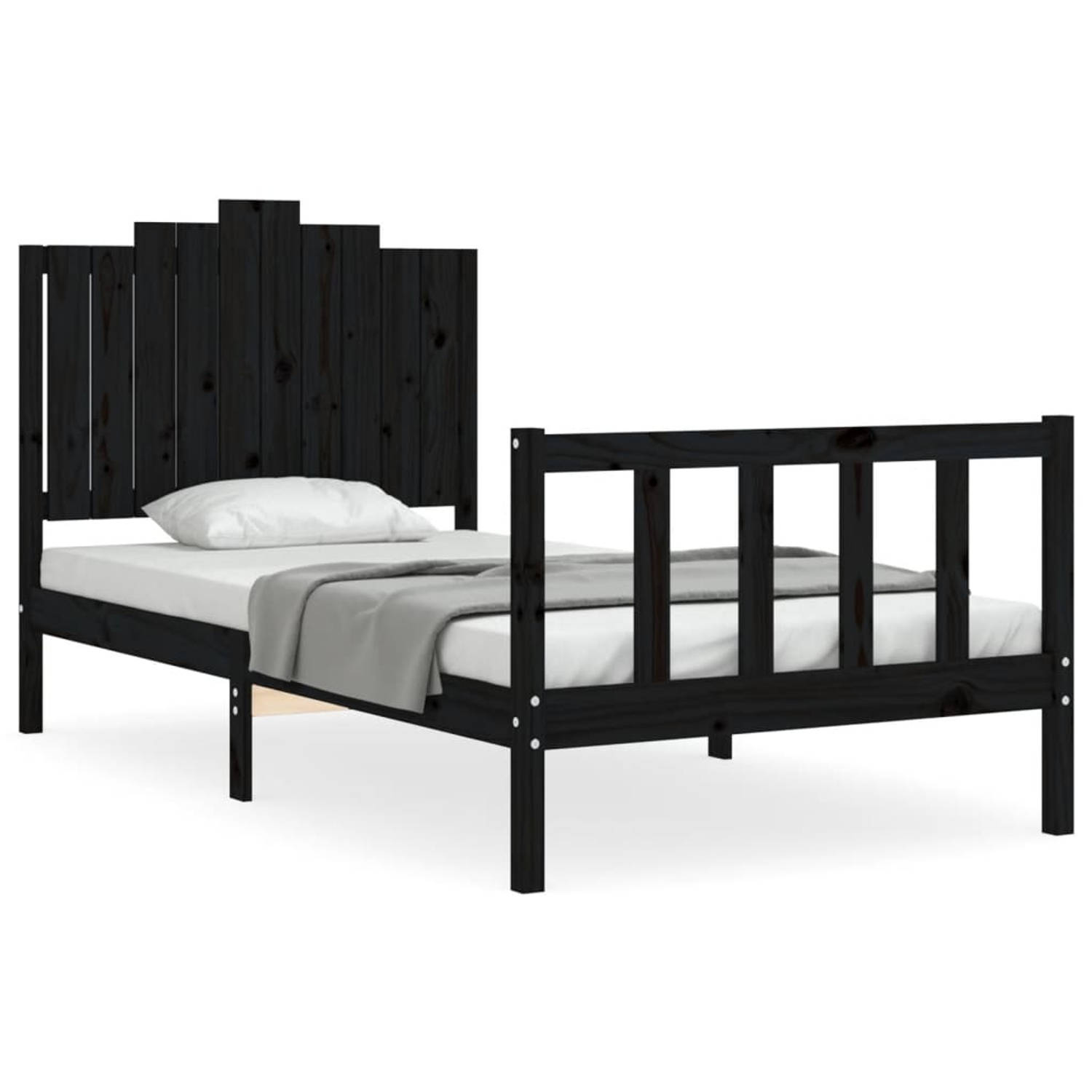 The Living Store Bedframe met hoofdbord massief hout zwart 100x200 cm - Bedframe - Bedframes - Bed - Eenpersoonsbed - Slaapkamermeubel - Houten Bedframe - Houten Bed - Bedbodem - M