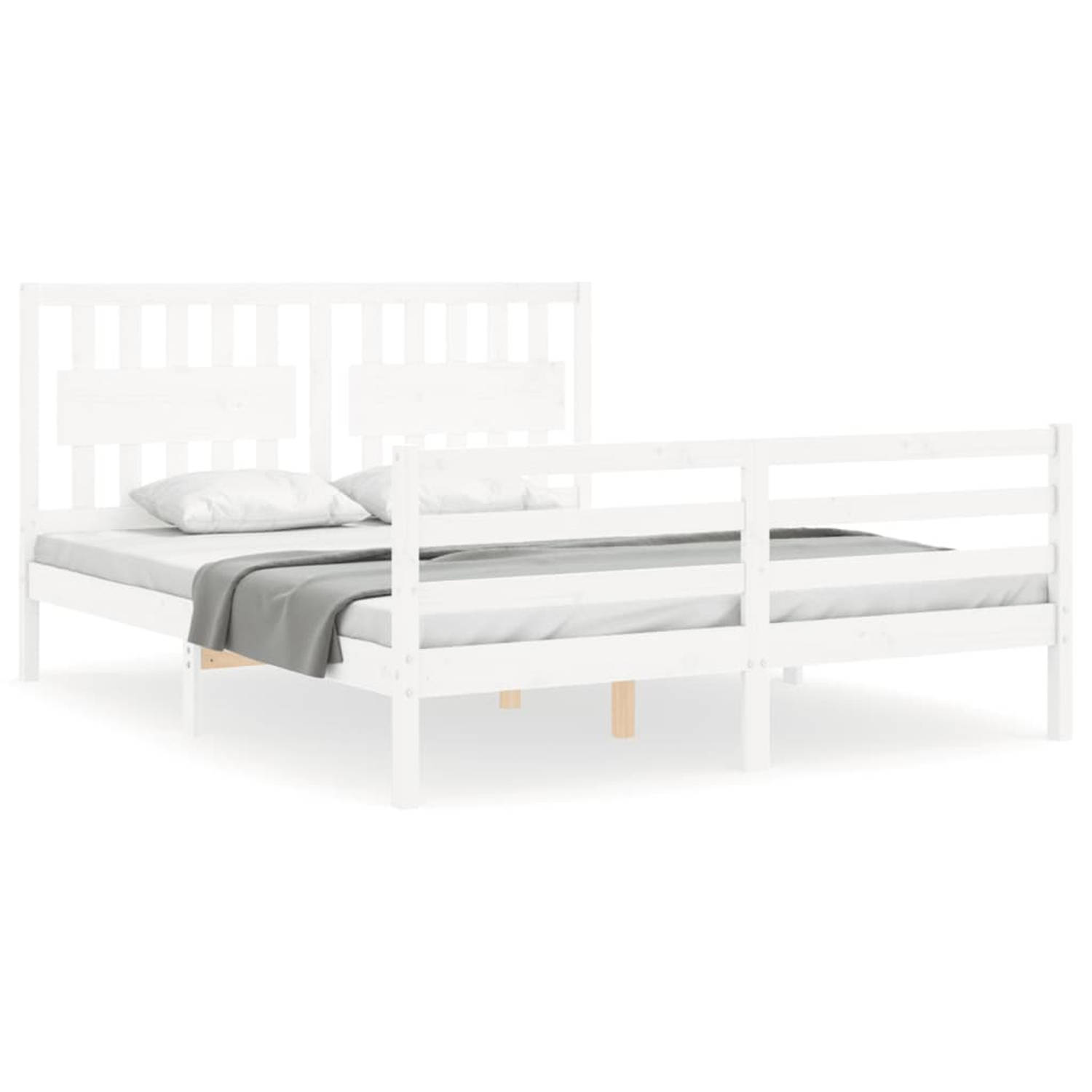 The Living Store Bedframe met hoofdbord massief hout wit 160x200 cm - Bedframe - Bedframes - Bed - Tweepersoonsbed - Slaapkamermeubel - Houten Bedframe - Houten Bed - Bedbodem - Ma