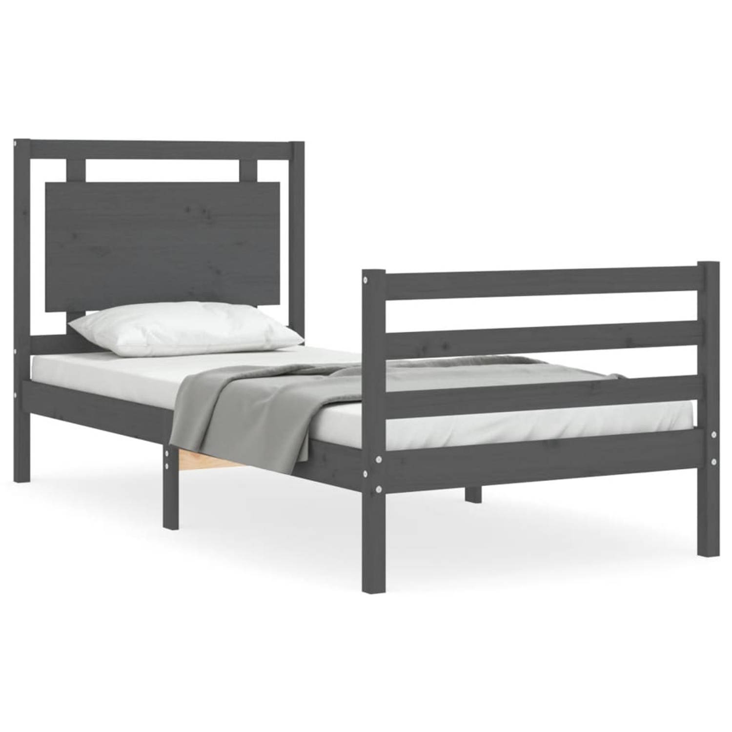 The Living Store Bedframe met hoofdbord massief hout grijs 100x200 cm - Bedframe - Bedframes - Bed - Eenpersoonsbed - Slaapkamermeubel - Houten Bedframe - Houten Bed - Bedbodem - M