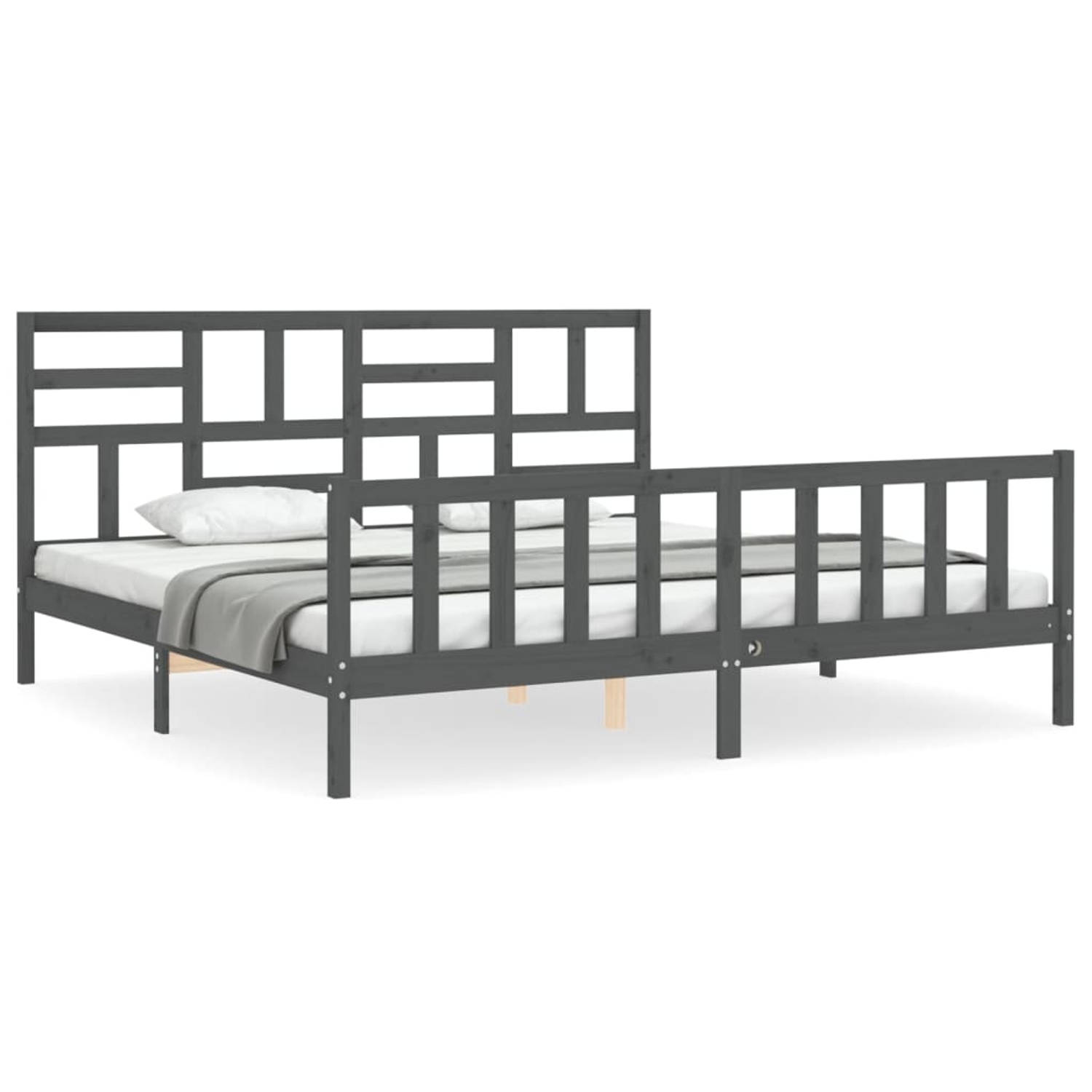 The Living Store Bedframe met hoofdbord massief hout grijs 200x200 cm - Bedframe - Bedframes - Bed - Tweepersoonsbed - Slaapkamermeubel - Houten Bedframe - Houten Bed - Bedbodem -