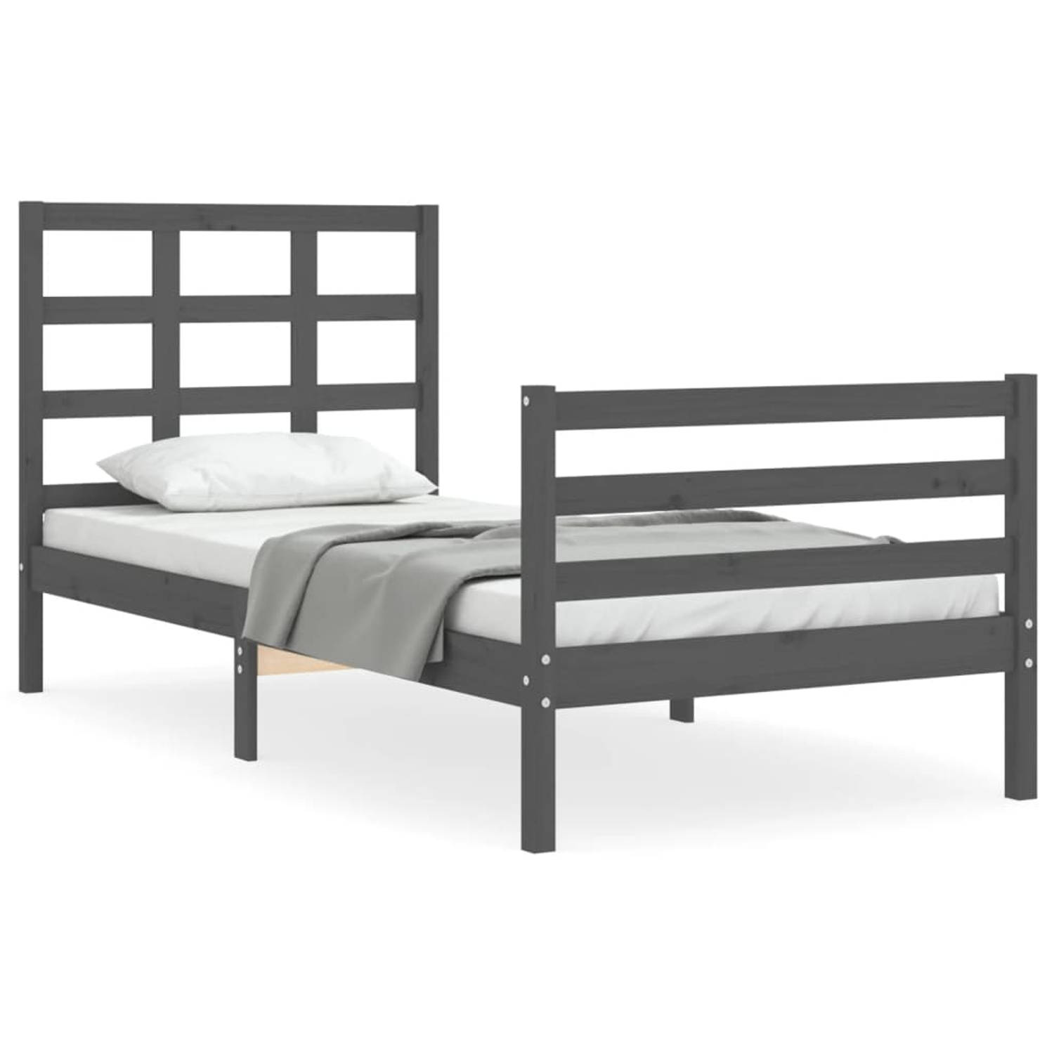 The Living Store Bedframe met hoofdbord massief hout grijs 100x200 cm - Bedframe - Bedframes - Bed - Eenpersoonsbed - Slaapkamermeubel - Houten Bedframe - Houten Bed - Bedbodem - M