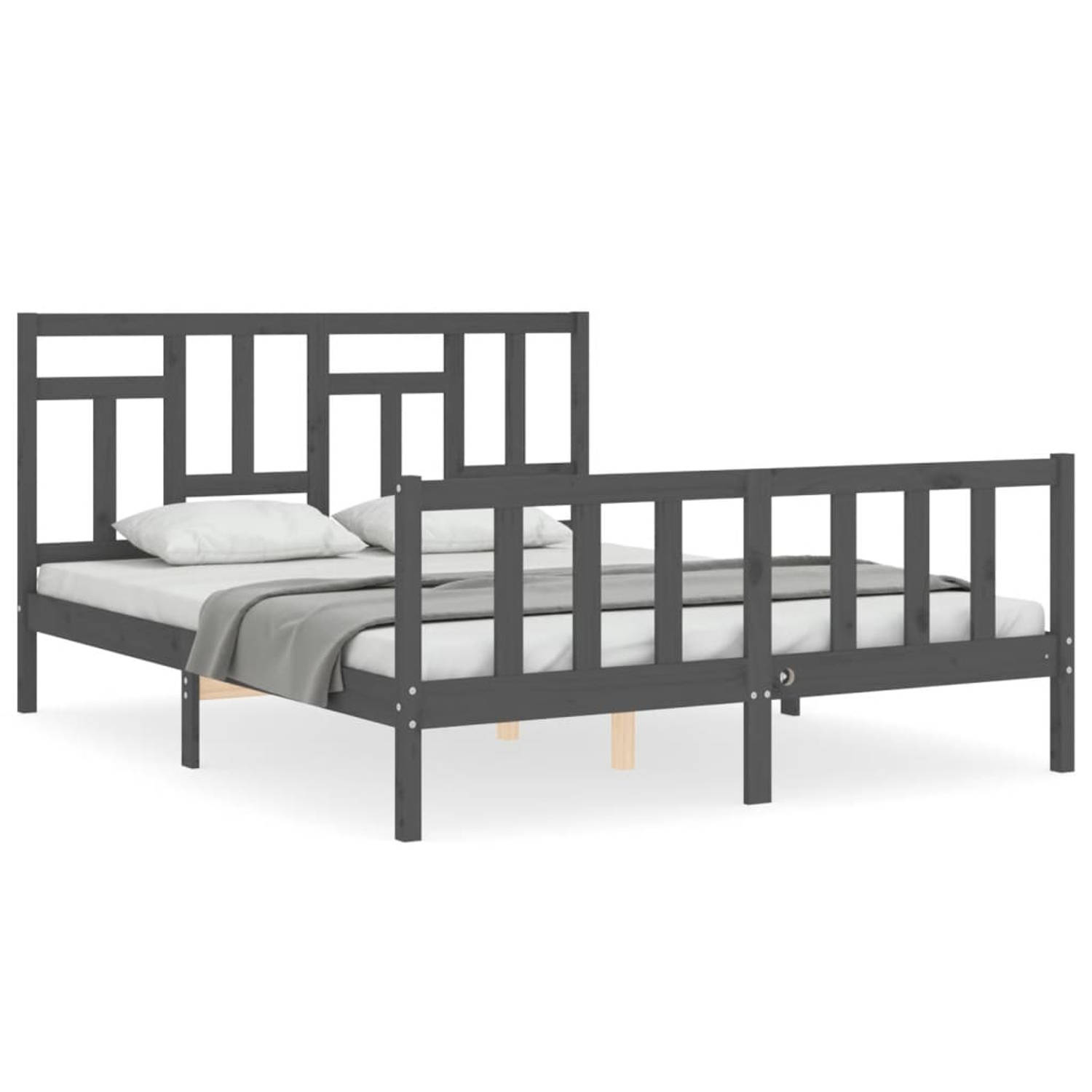 The Living Store Bedframe met hoofdbord massief hout grijs 5 FT King Size - Bedframe - Bedframes - Bed - Tweepersoonsbed - Slaapkamermeubel - Houten Bedframe - Houten Bed - Bedbode