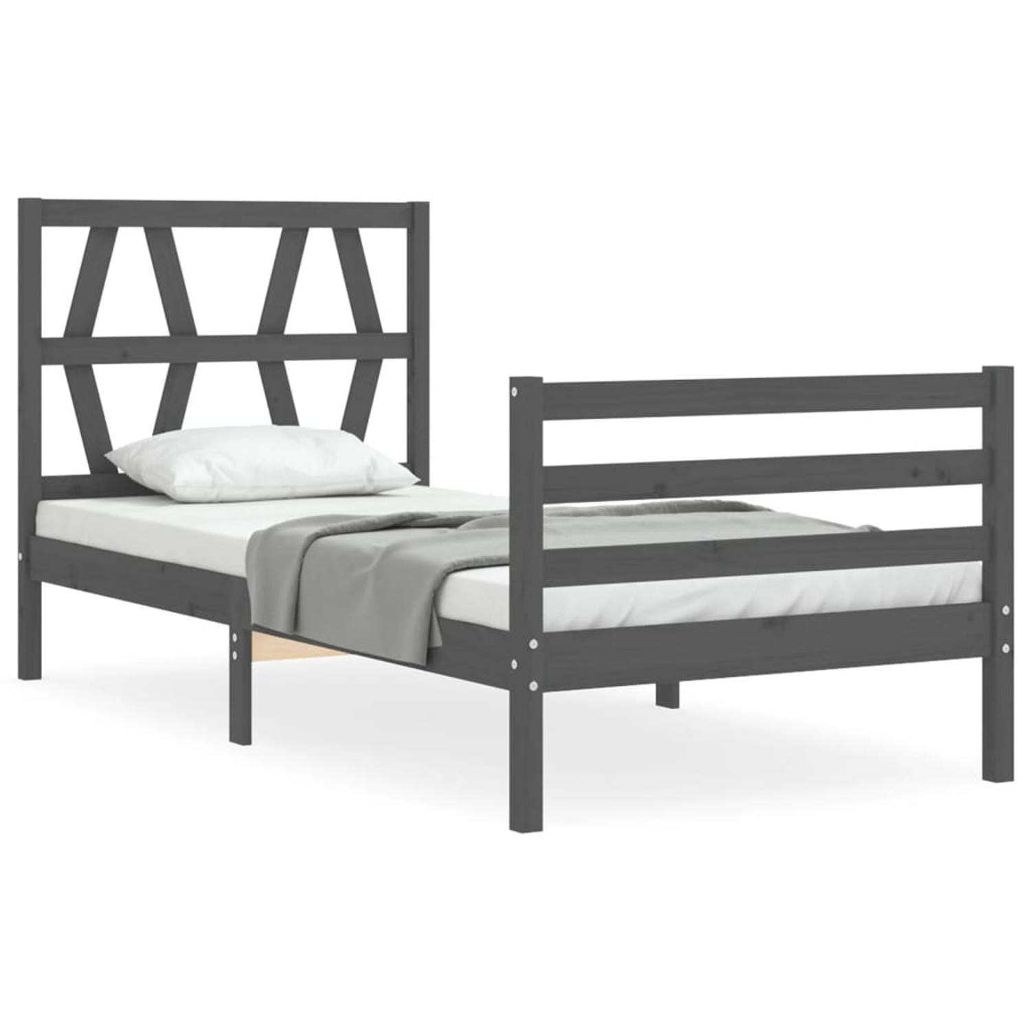 The Living Store Bedframe met hoofdbord massief hout grijs 100x200 cm - Bedframe - Bedframes - Bed - Eenpersoonsbed - Slaapkamermeubel - Houten Bedframe - Houten Bed - Bedbodem - M