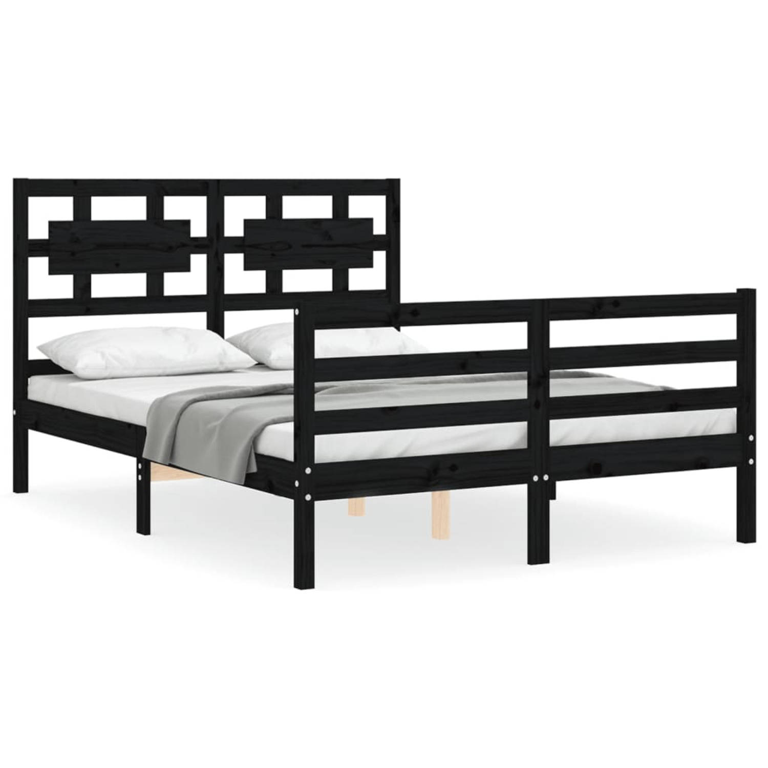 The Living Store Bedframe met hoofdbord massief hout zwart 140x190 cm - Bedframe - Bedframes - Bed - Tweepersoonsbed - Slaapkamermeubel - Houten Bedframe - Houten Bed - Bedbodem -