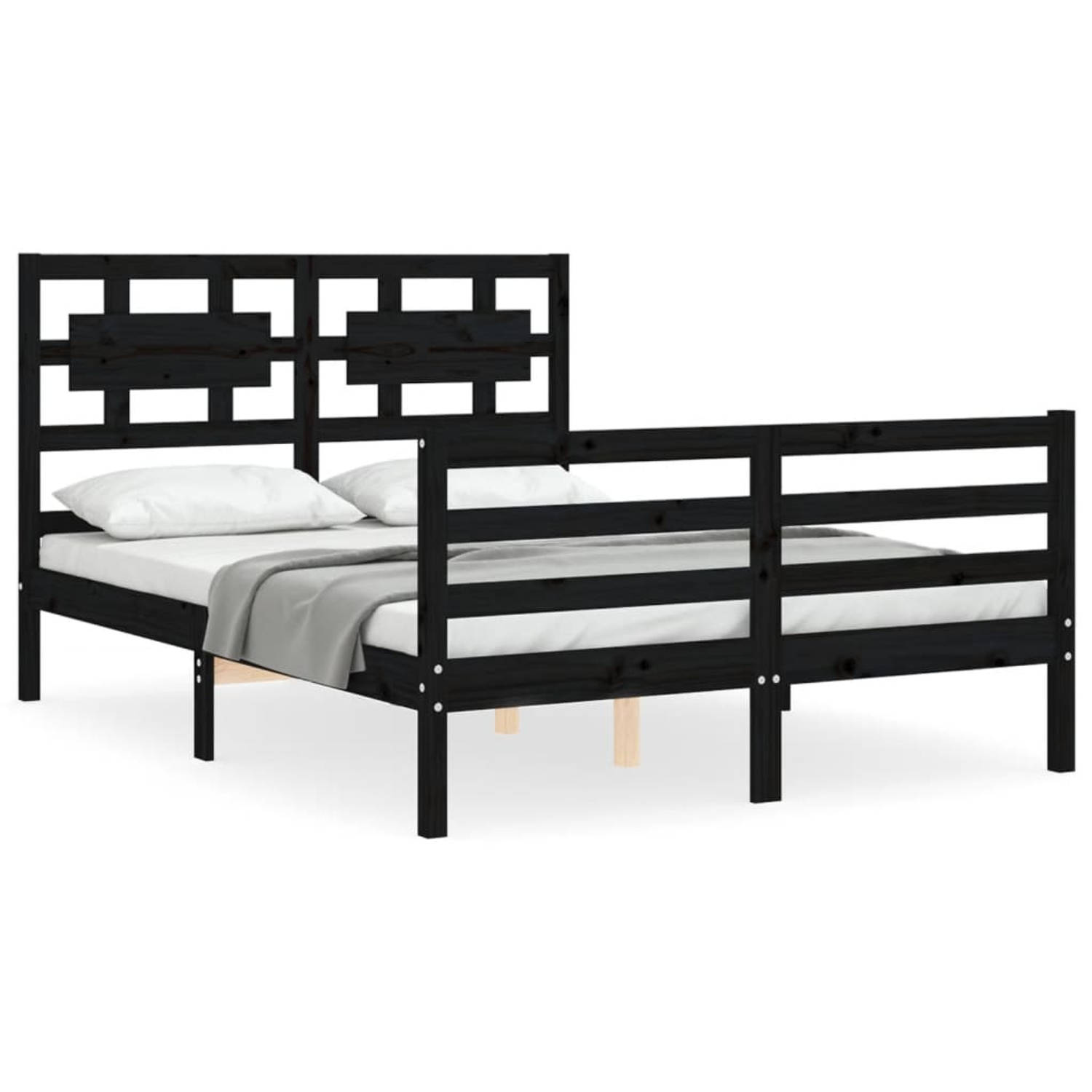 The Living Store Bedframe met hoofdbord massief hout zwart 140x200 cm - Bedframe - Bedframes - Bed - Tweepersoonsbed - Slaapkamermeubel - Houten Bedframe - Houten Bed - Bedbodem -