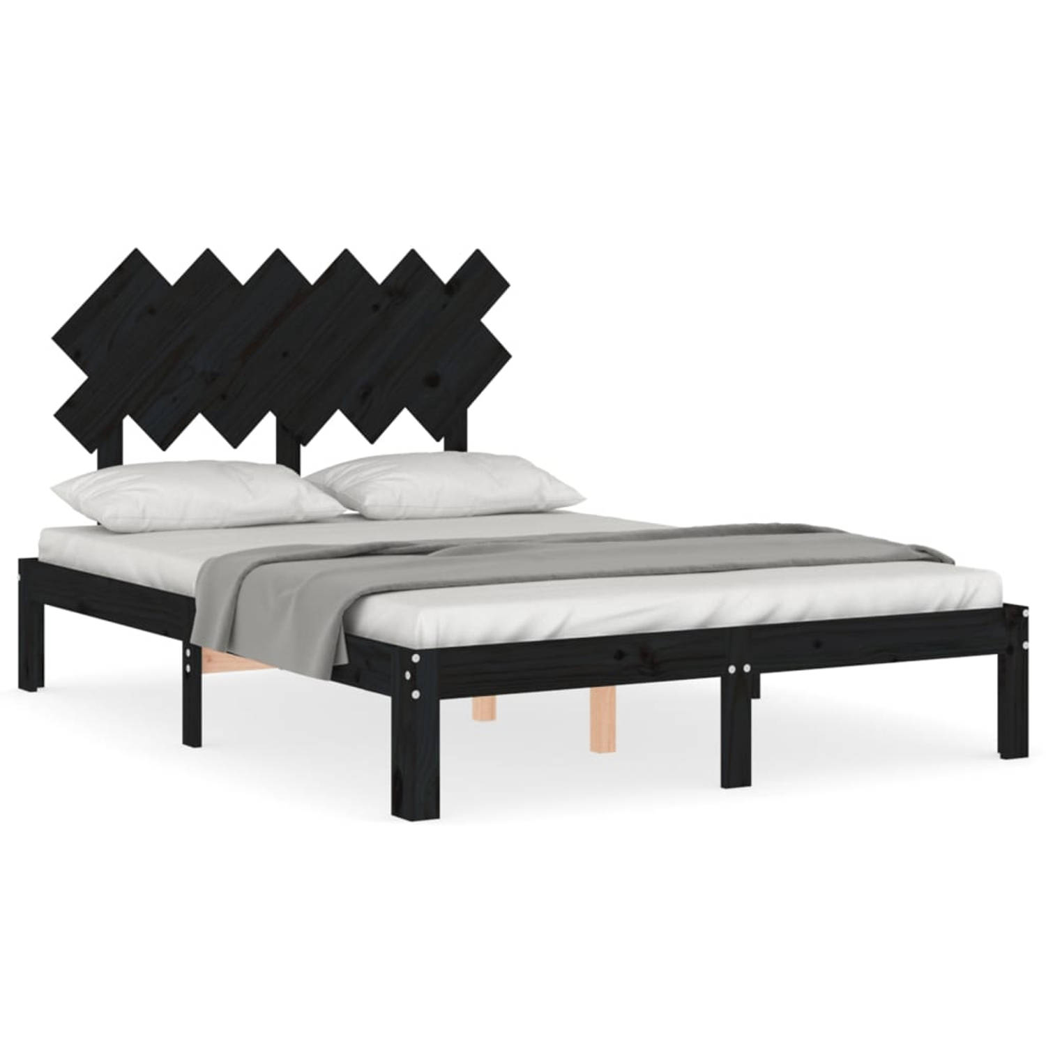 The Living Store Bedframe met hoofdbord massief hout zwart 4FT6 Double - Bed