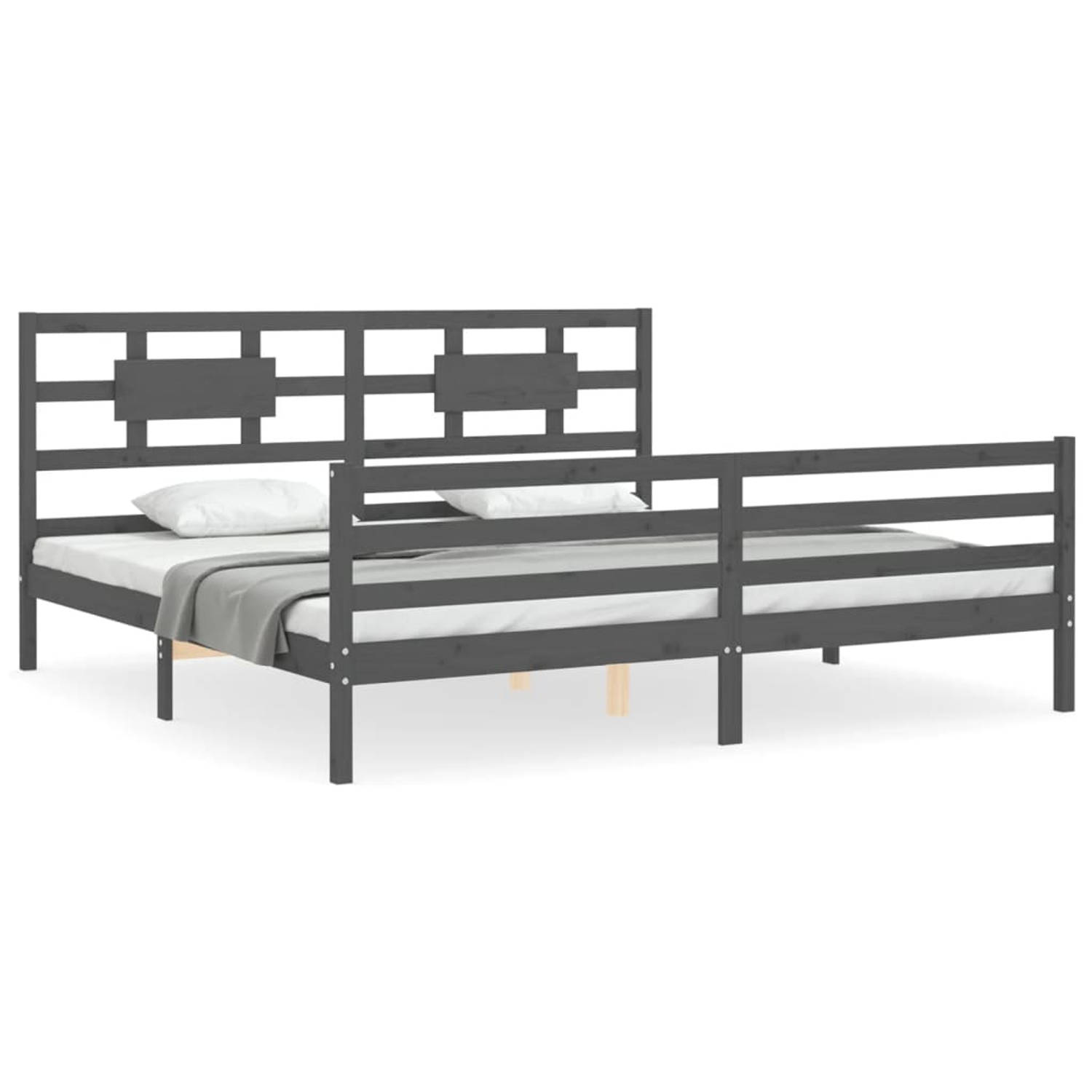 The Living Store Bedframe met hoofdbord massief hout grijs 200x200 cm - Bedframe - Bedframes - Bed - Tweepersoonsbed - Slaapkamermeubel - Houten Bedframe - Houten Bed - Bedbodem -