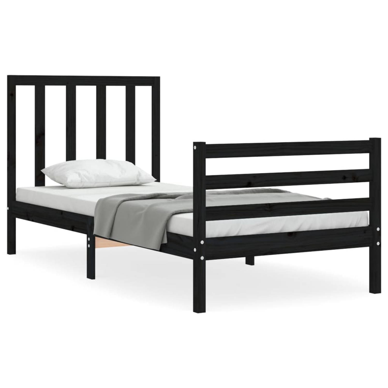 The Living Store Bedframe met hoofdbord massief hout zwart 100x200 cm - Bedframe - Bedframes - Bed - Eenpersoonsbed - Slaapkamermeubel - Houten Bedframe - Houten Bed - Bedbodem - M