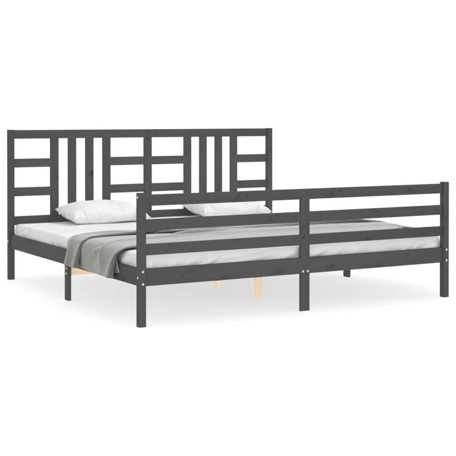 The Living Store Bedframe met hoofdbord massief hout grijs 200x200 cm - Bedframe - Bedframes - Bed - Tweepersoonsbed - Slaapkamermeubel - Houten Bedframe - Houten Bed - Bedbodem -