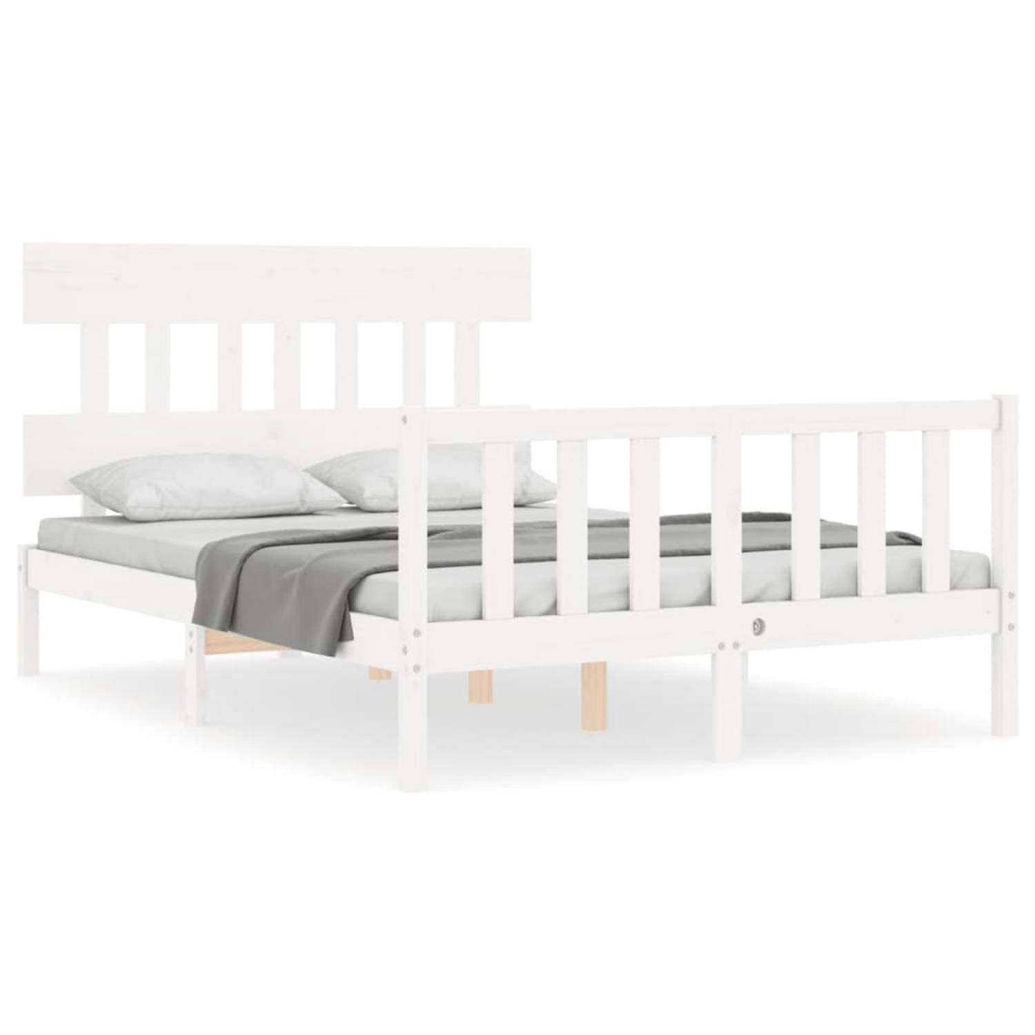 The Living Store Bedframe met hoofdbord massief hout wit 4FT6 Double - Bedframe - Bedframes - Bed - Tweepersoonsbed - Slaapkamermeubel - Houten Bedframe - Houten Bed - Bedbodem - M