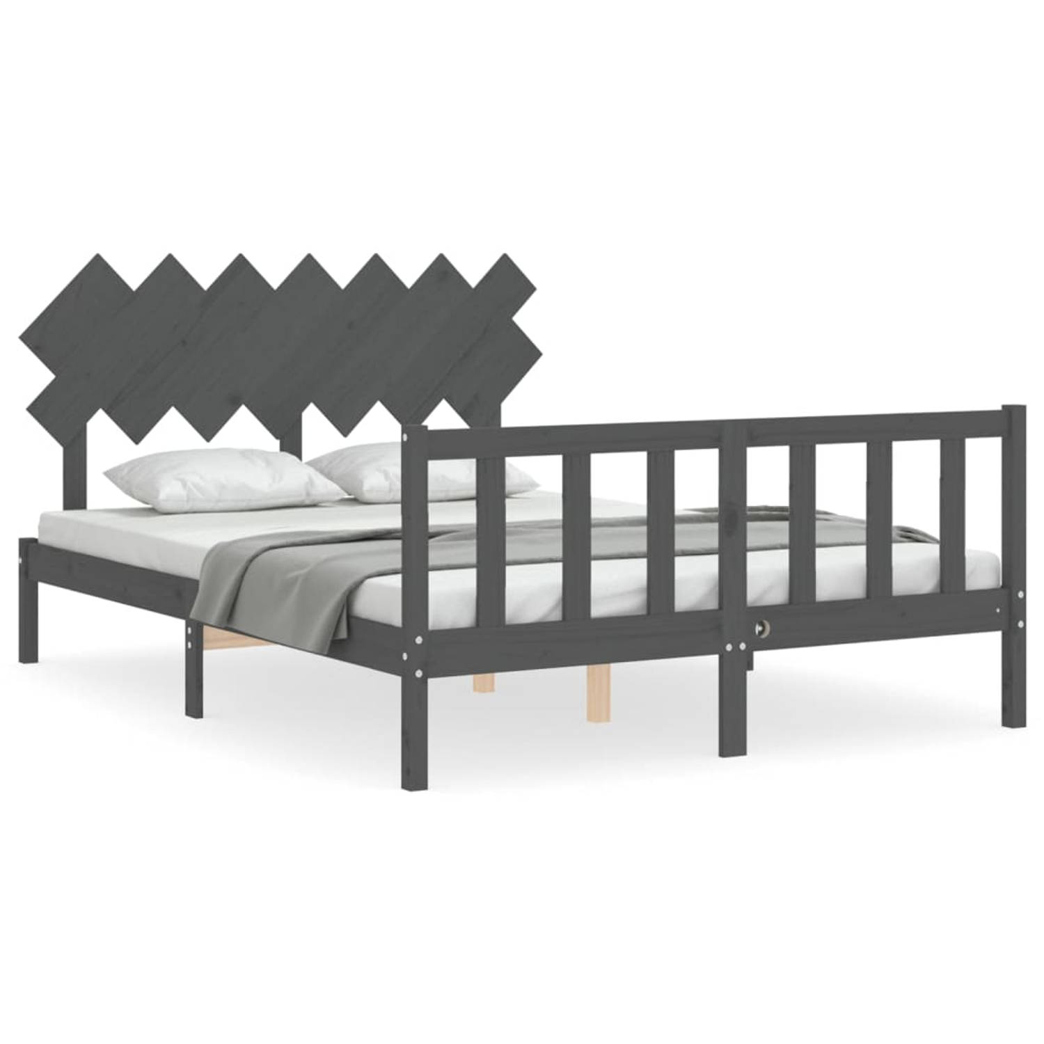 The Living Store Bedframe met hoofdbord massief hout grijs 5 FT King Size - Bedframe - Bedframes - Bed - Tweepersoonsbed - Slaapkamermeubel - Houten Bedframe - Houten Bed - Bedbode