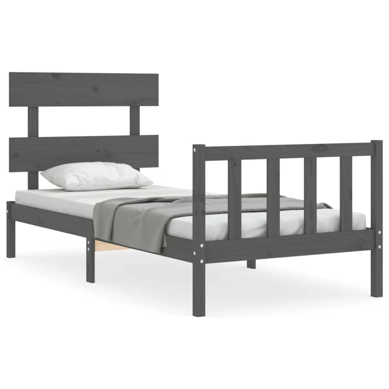 The Living Store Bedframe met hoofdbord massief hout grijs 100x200 cm - Bedframe - Bedframes - Bed - Eenpersoonsbed - Slaapkamermeubel - Houten Bedframe - Houten Bed - Bedbodem - M